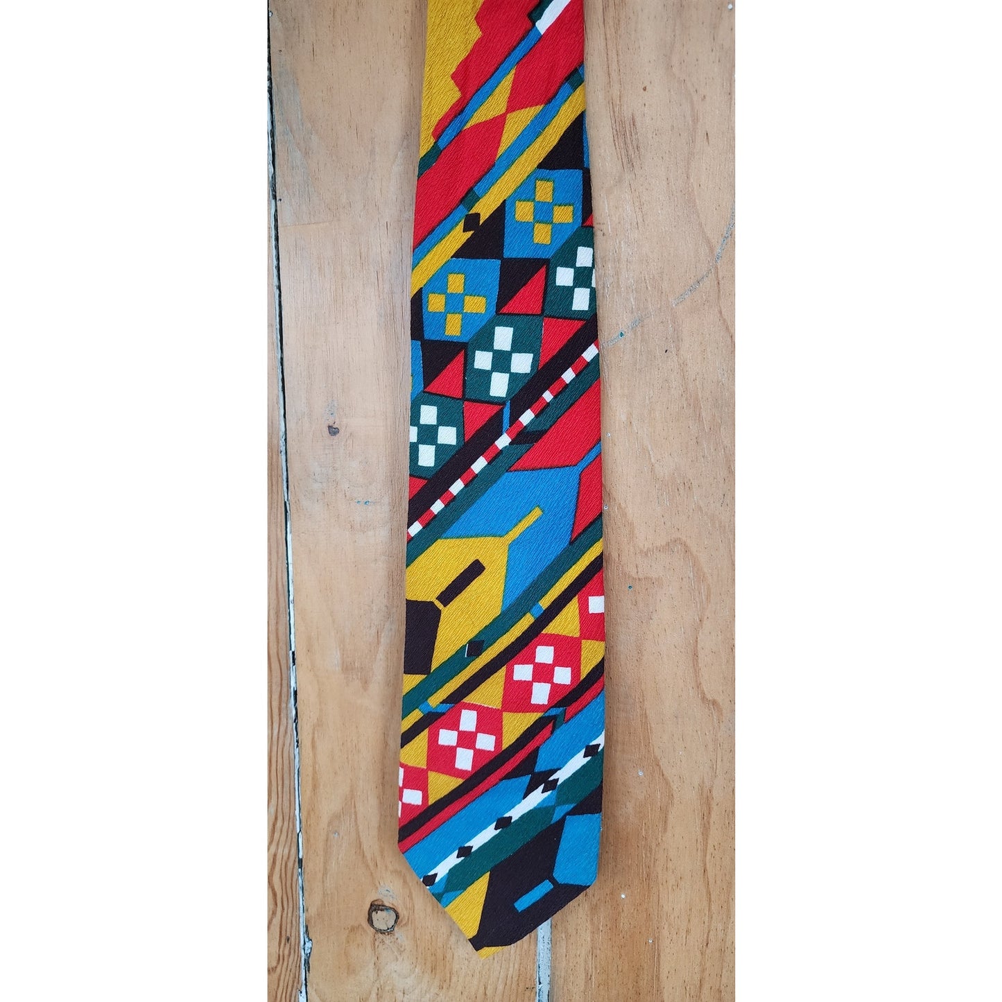 Vintage 60s Mens Tie Colorful Barkcloth MCM Print Geometric