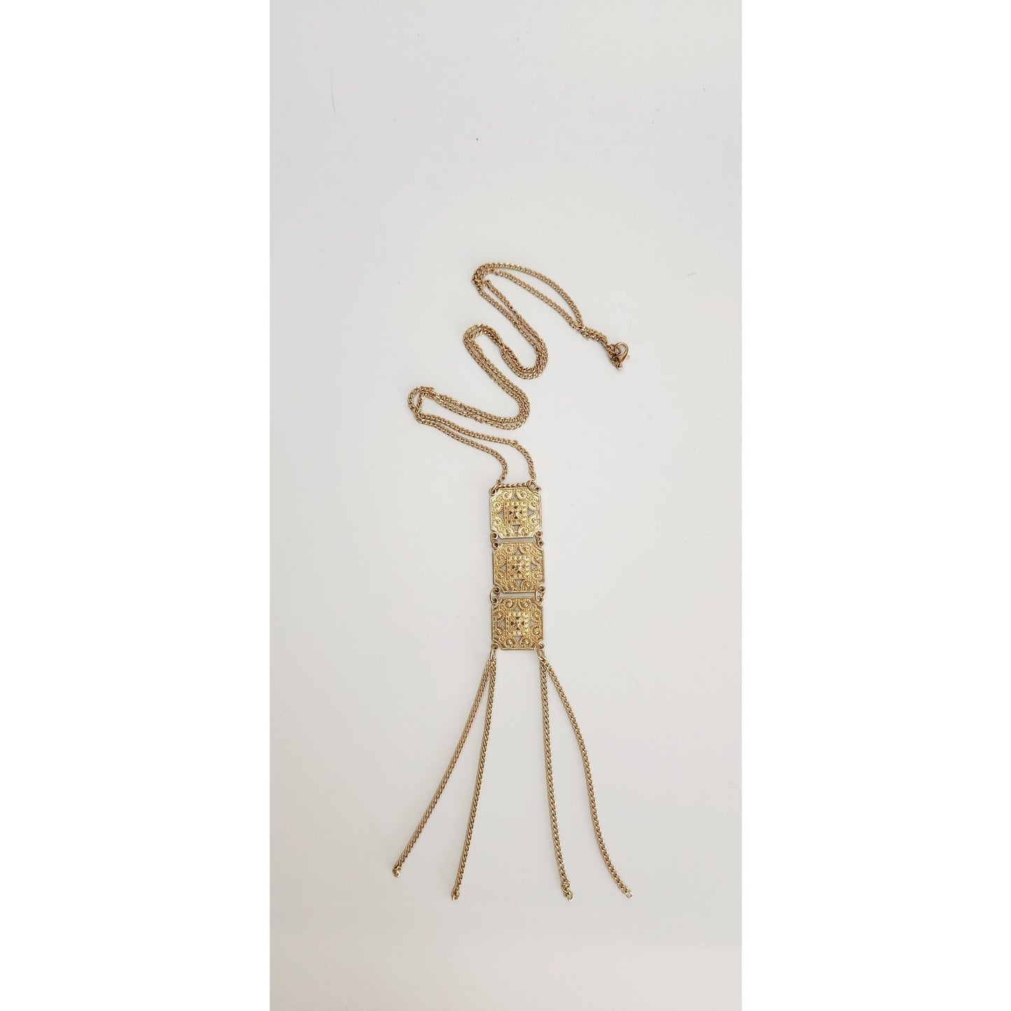 Vintage 70s Boho Necklace Gold Filigree Chained Fringe