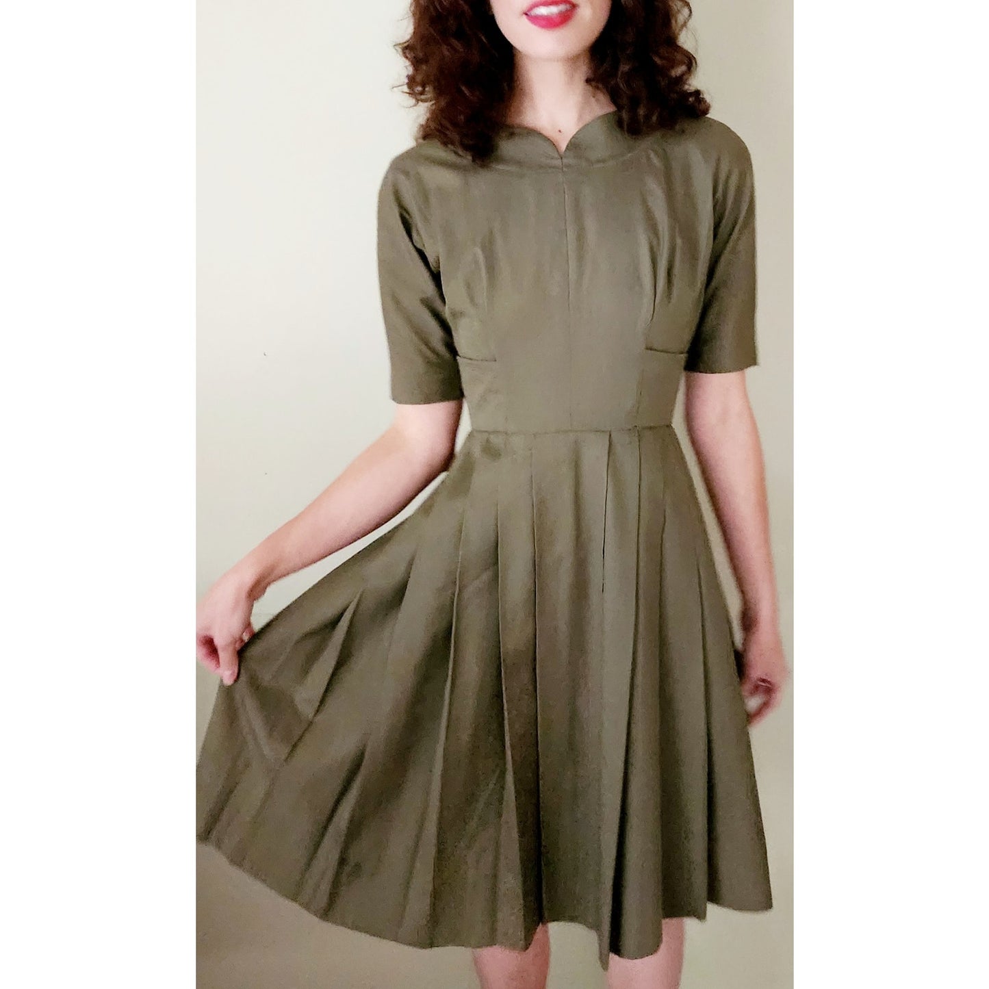 Vintage 50s Jacques Heim Couture Dress Olive Green Wool