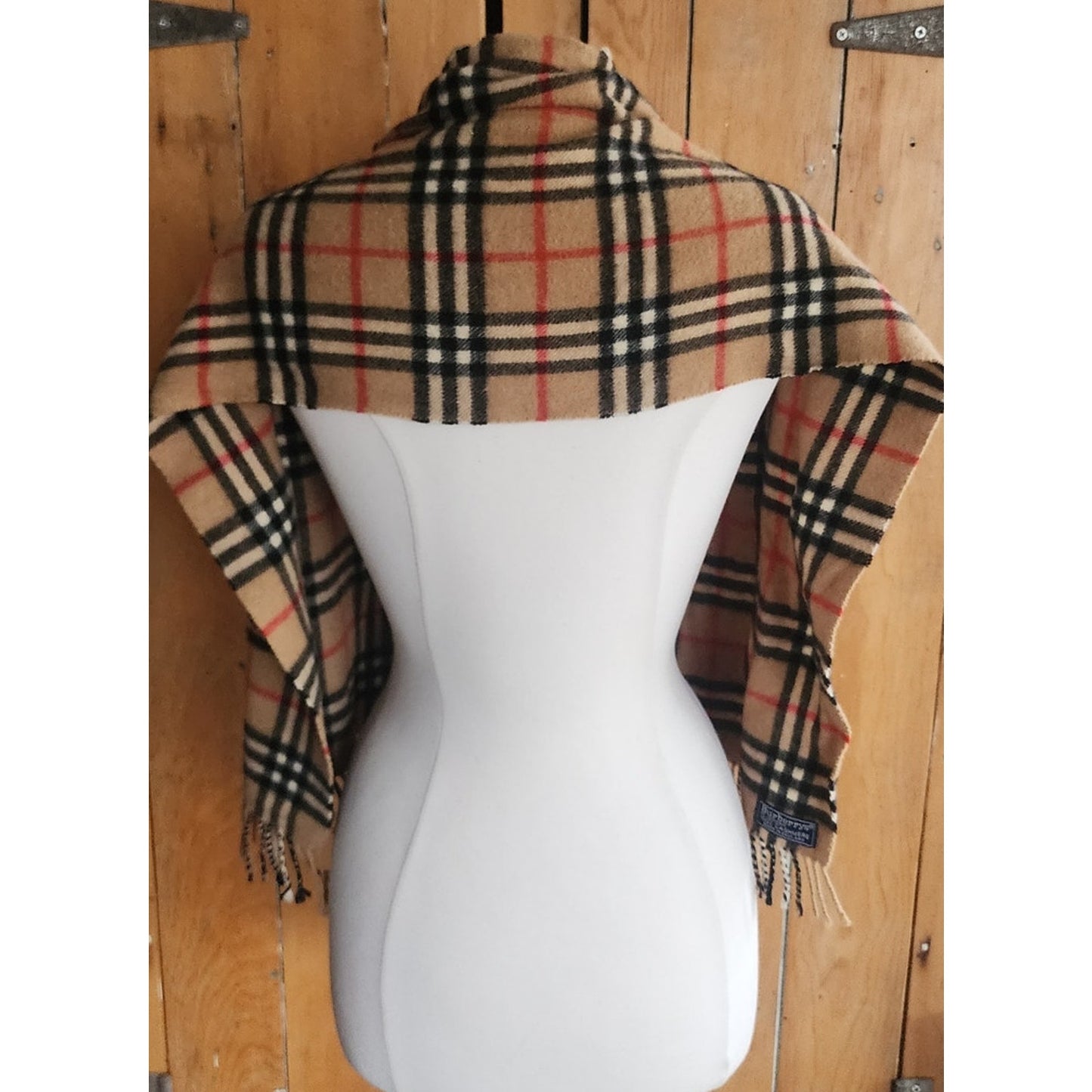 Vintage 1980s Burberrys Cashmere Scarf Beige Plaid Nova Check Fringed