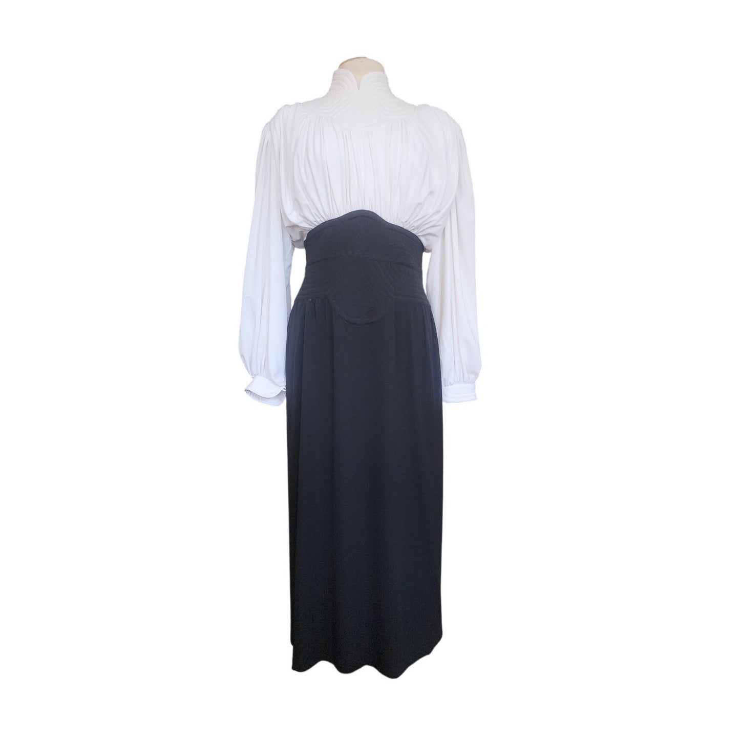 Vintage 80s Neo Edwardian Dress White Ruched Top Black Skirt Long Sleeves / M