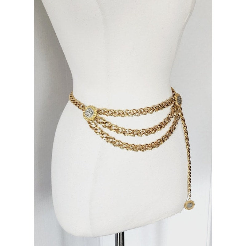 Vintage 90s Coin Belt Gold Chain Bellydancer St George & Silver Cross