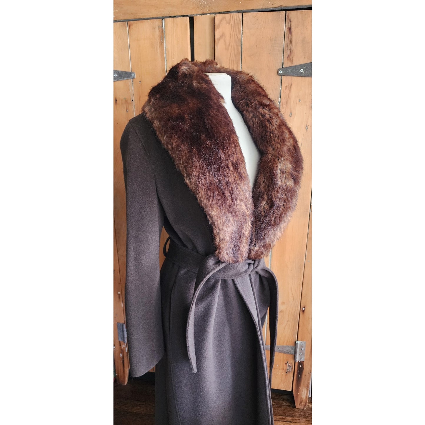 90s Brown Wool Coat Faux Fur Collar Ralph Lauren