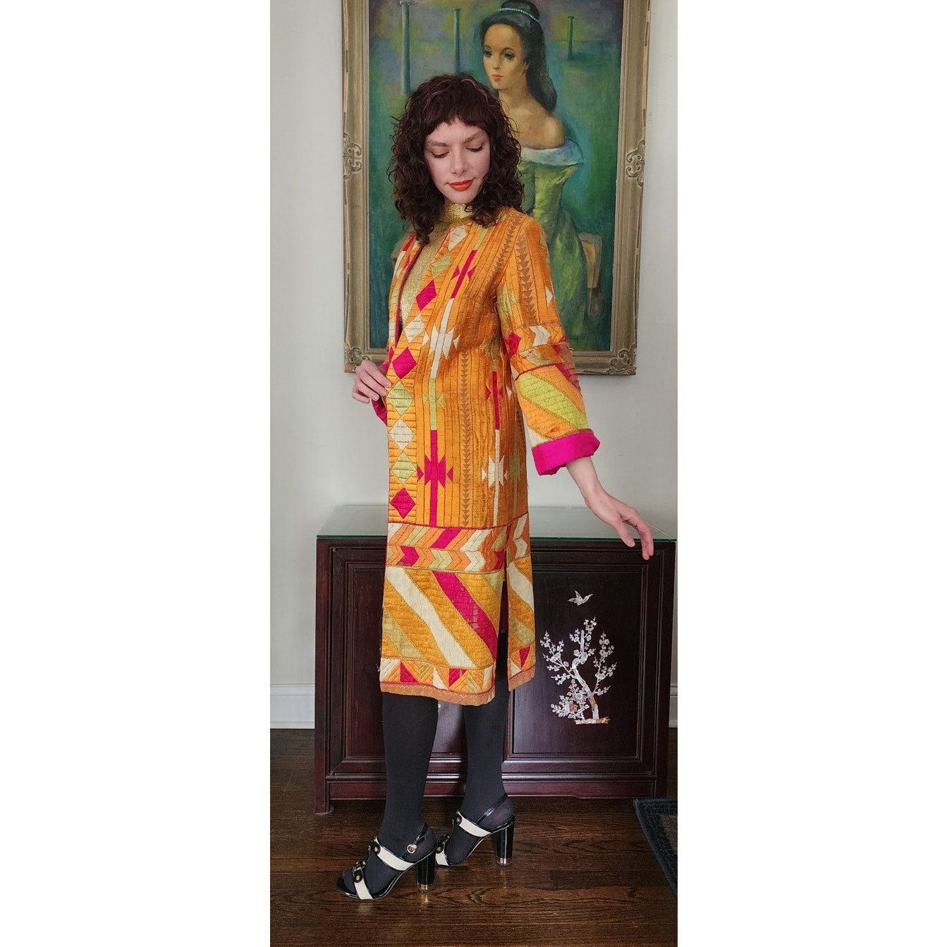 Antique Silk Patchwork Coat Artistinal Boho Gold Fuschia Folk Geometric