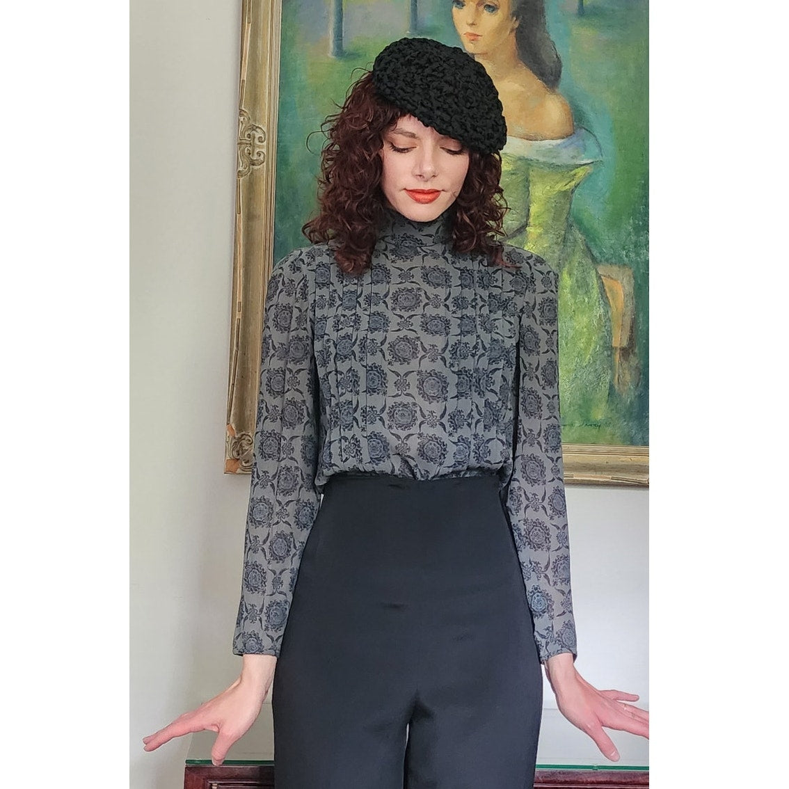 Vintage 80s UNGARO Blouse Gray Silkprint Shirt Back Buttons