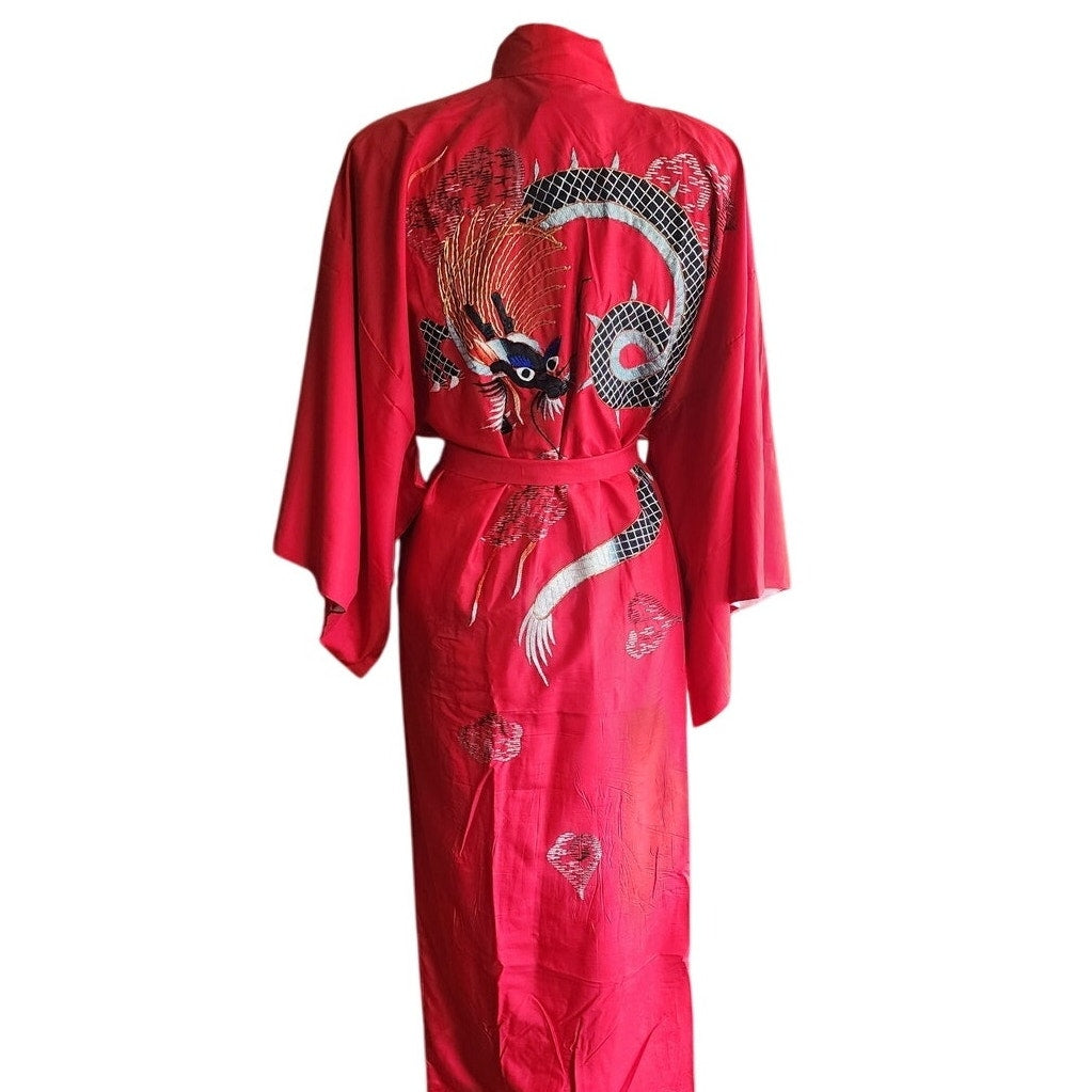 Vintage Japanese Dragon Robe Embroidered Red Silk
