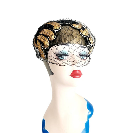 Vintage 1950s Bes-Ben Hat Black Wool Gold Feather Motif