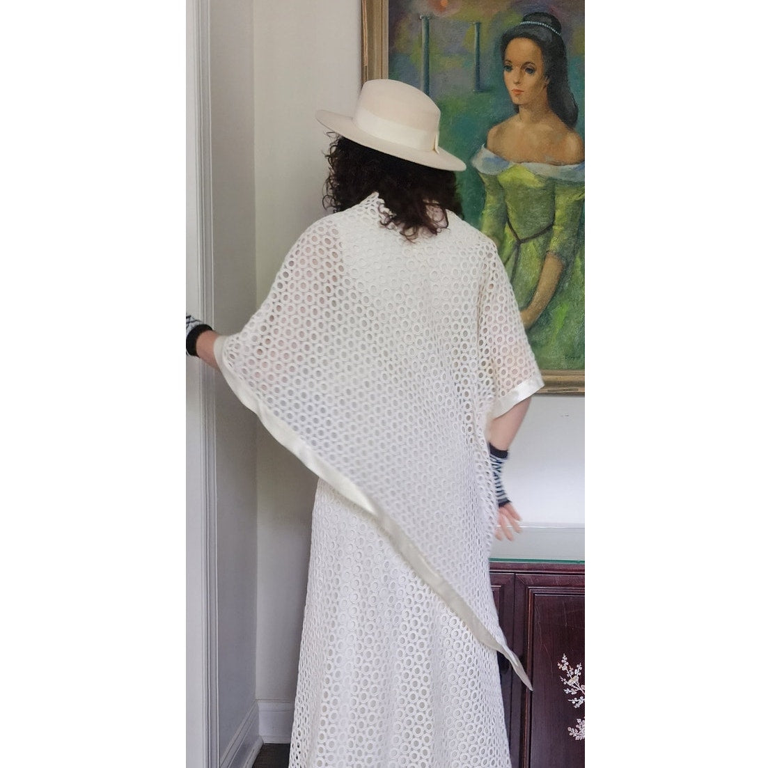 Vintage 70s White Maxi Dress Openwork Crochet Bridal Dress w/Capelet