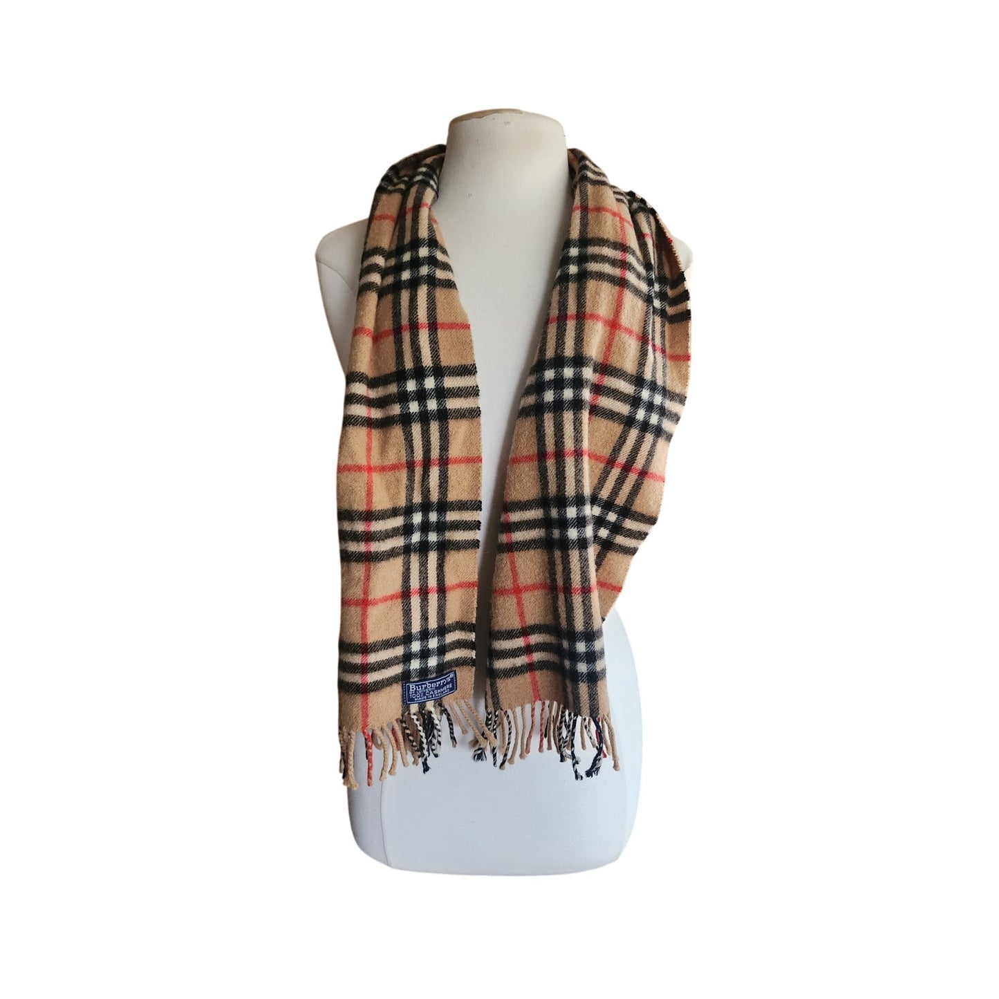 Vintage 1980s Burberrys Cashmere Scarf Beige Plaid Nova Check Fringed