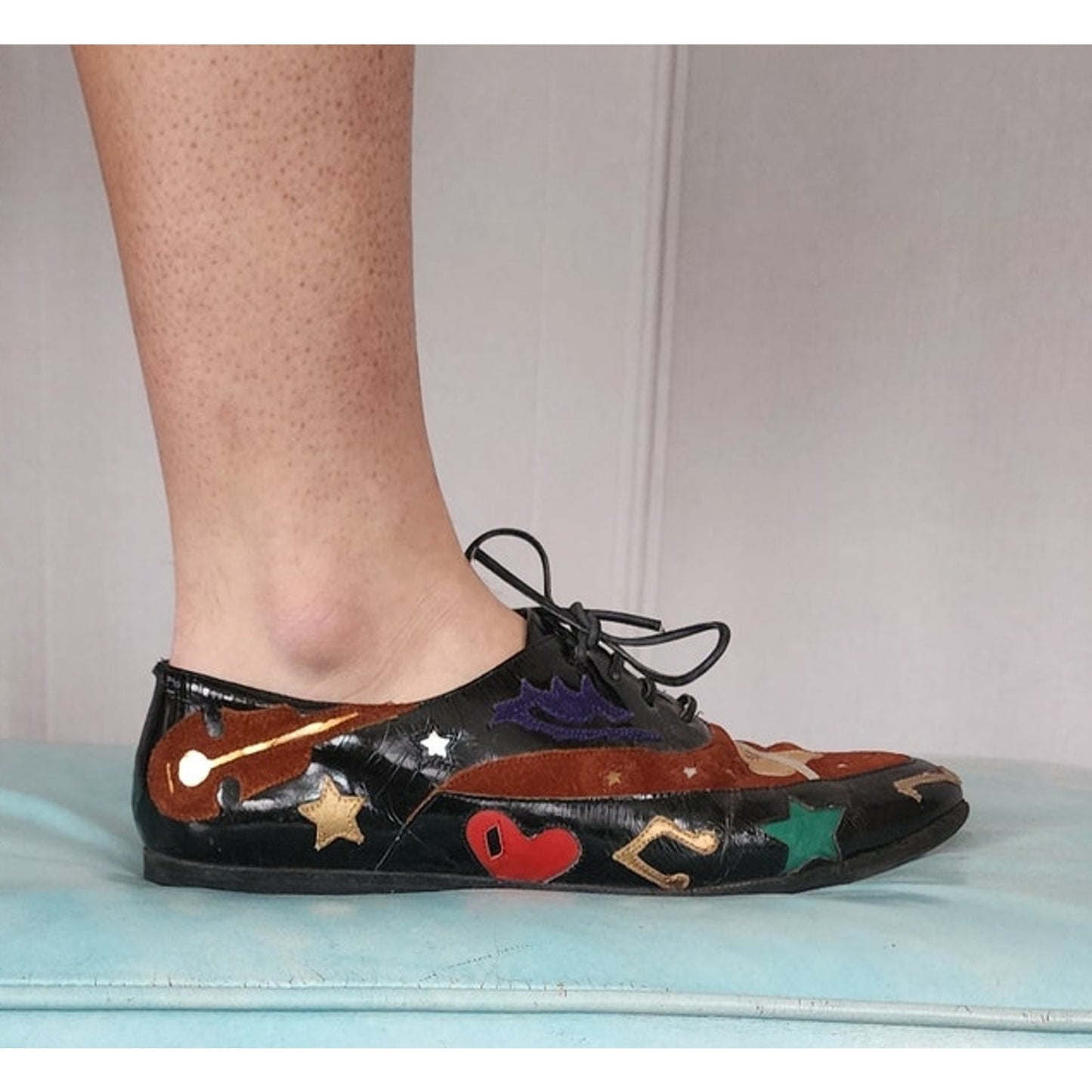 Vintage 90s Lace Up Shoes w/Graphicl Patchwork Music Notes Guitar Hearts Stars Lips Abstrax
