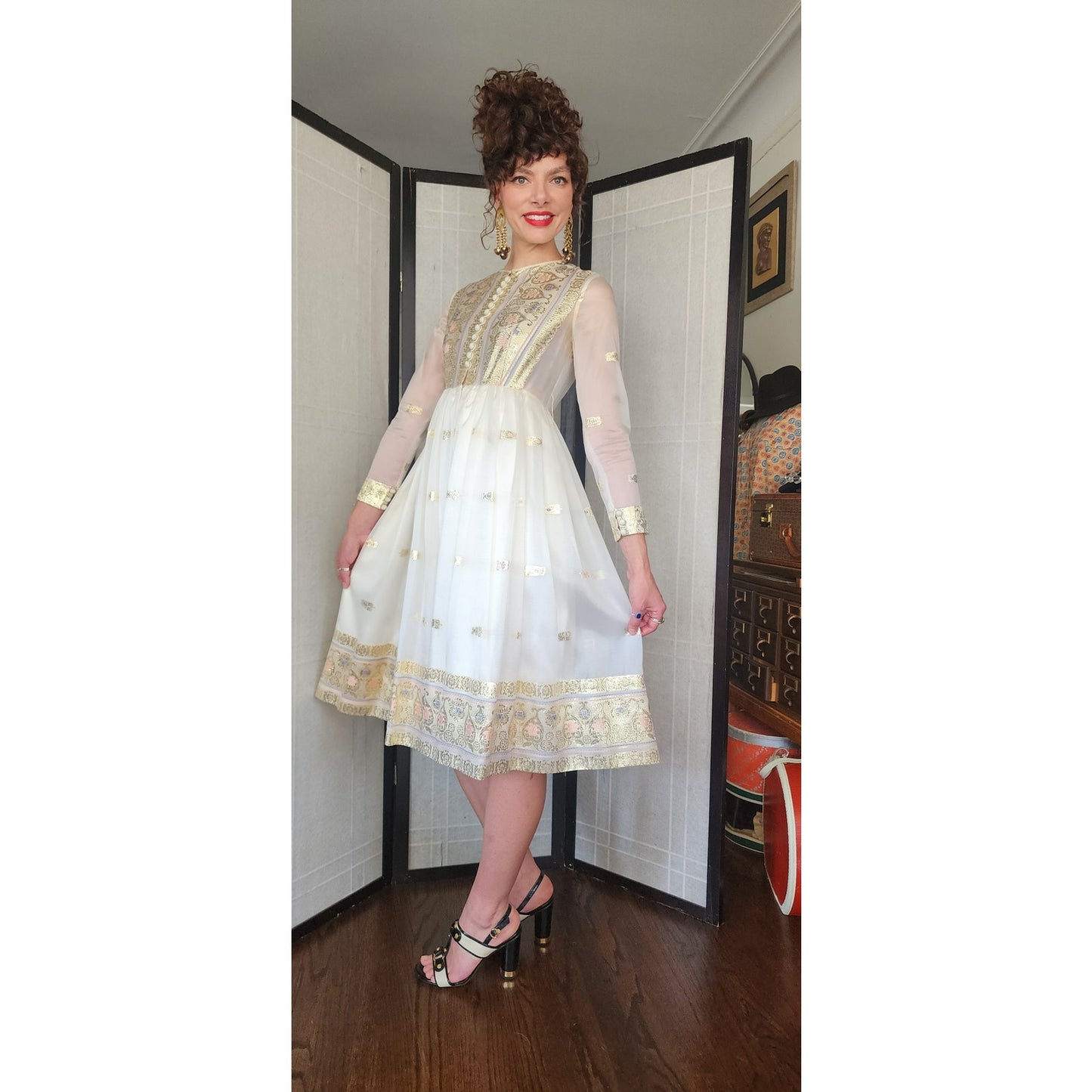Vintage 70s Embroidered Dress Gold Lurex & White Organza / Chuck Howard Boutique