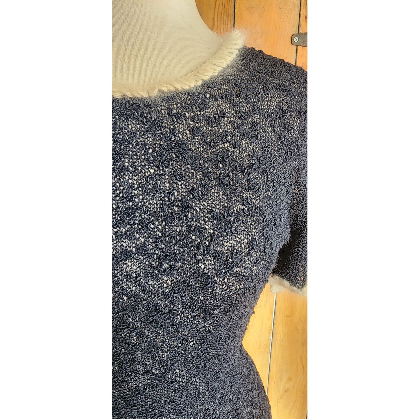 Vintage 50s Knit Top Navy Blue w/ Cream Crochet Trim Scotch Wool Shop / S