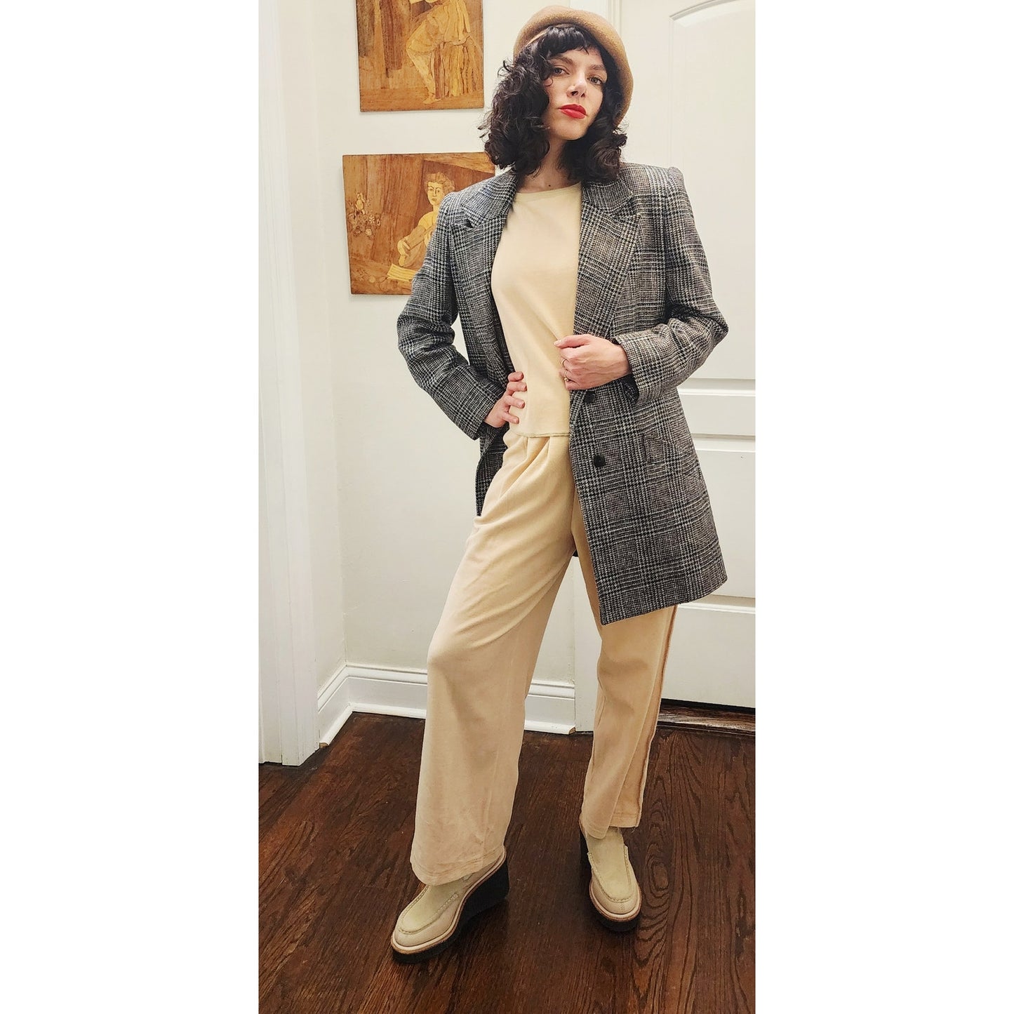 Vintage 1980s Long Blazer Lilli Ann Houndstooth Wool Jacket Gray Black