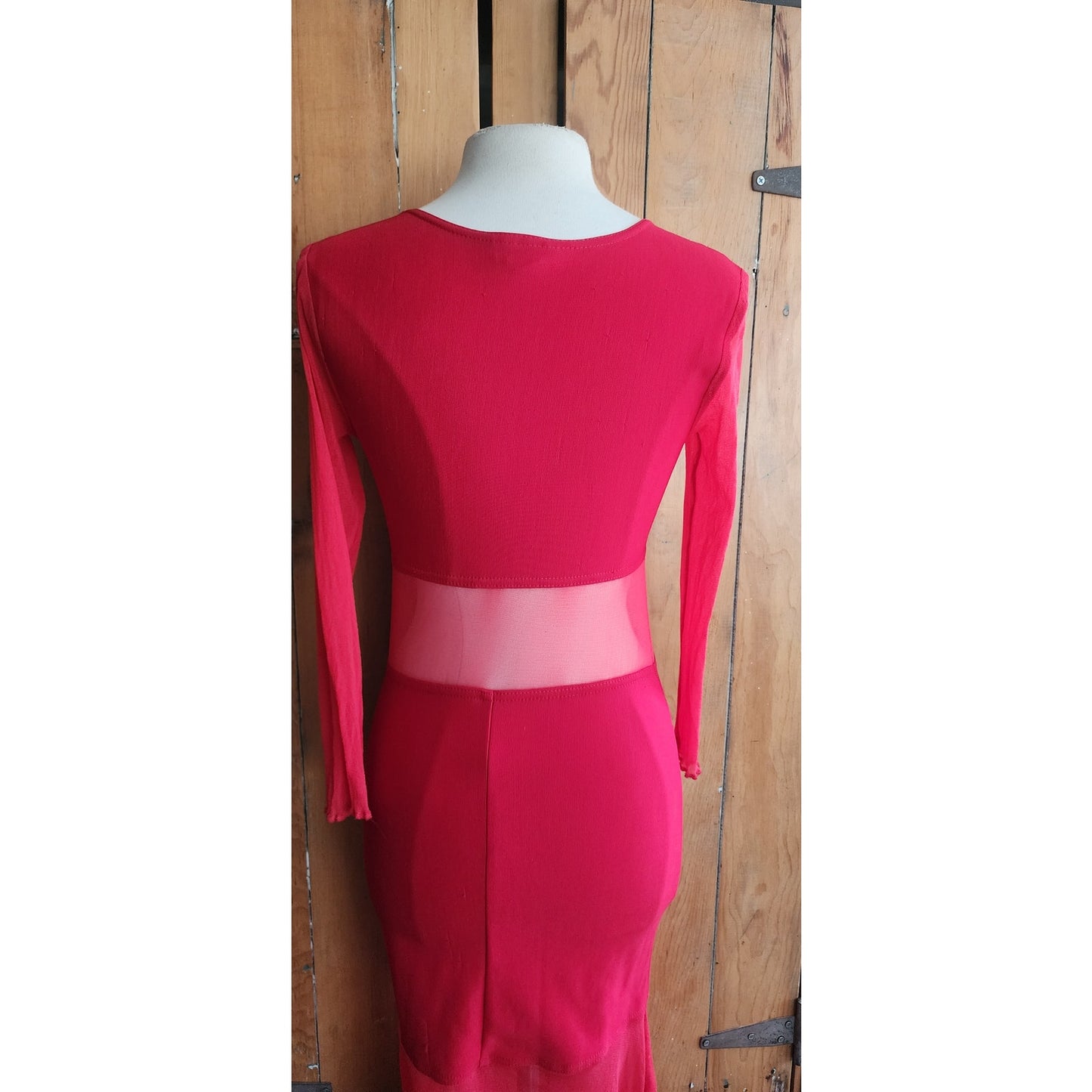 Vintage 90s Red Party Dress Long Bodycon Sheer Panels / Halla / S