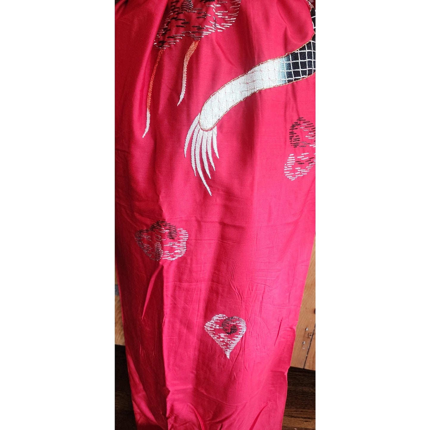 Vintage Japanese Dragon Robe Embroidered Red Silk