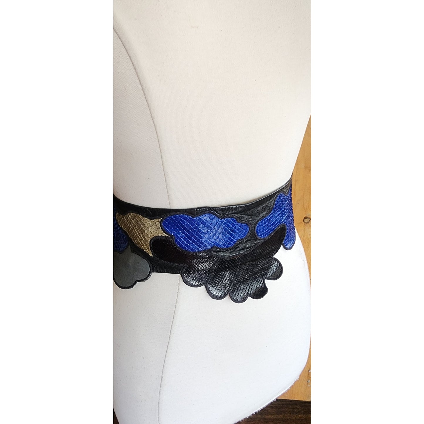Vintage 80s Belt Snakeskin Leather Blue Beige Black Sash Tie