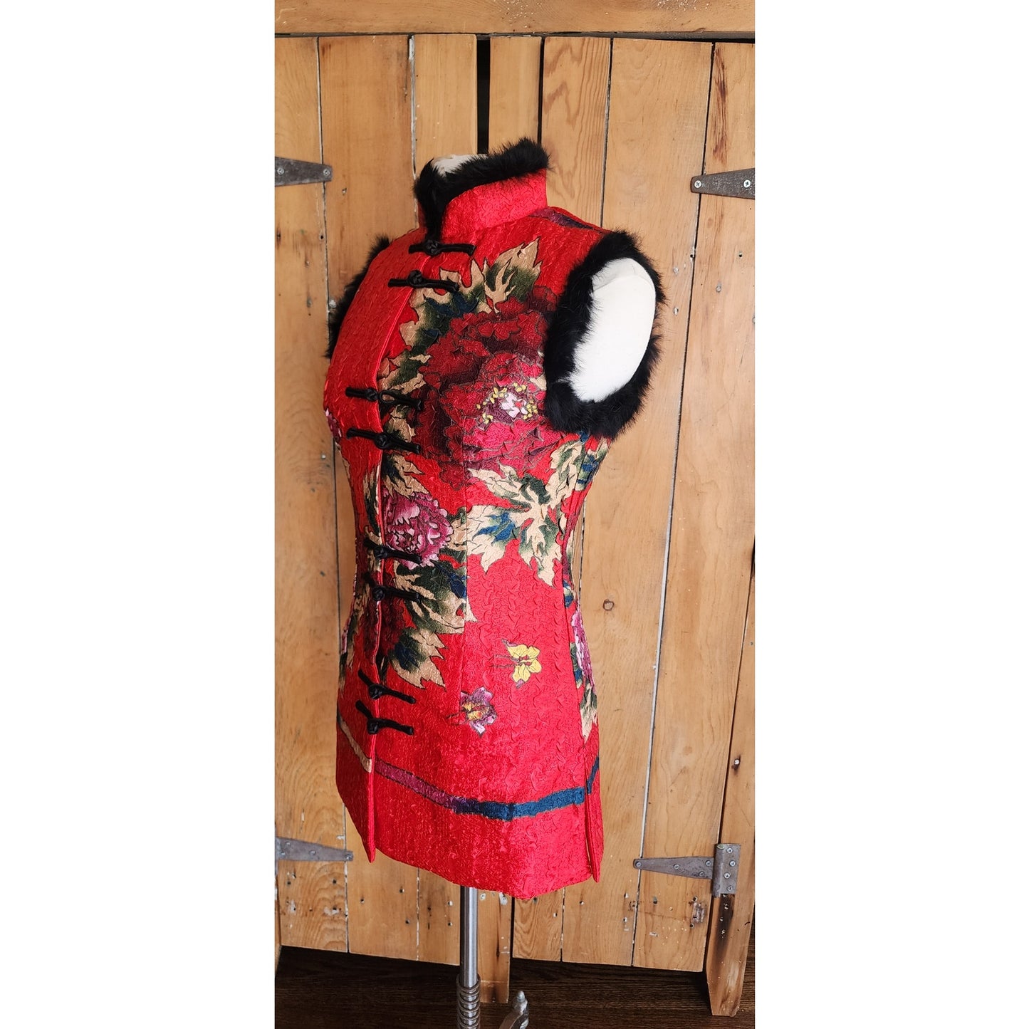 Chinese Costume Style Vest Waistcoat Rabbit Fur Trim Quilted Red Floral Print / XL