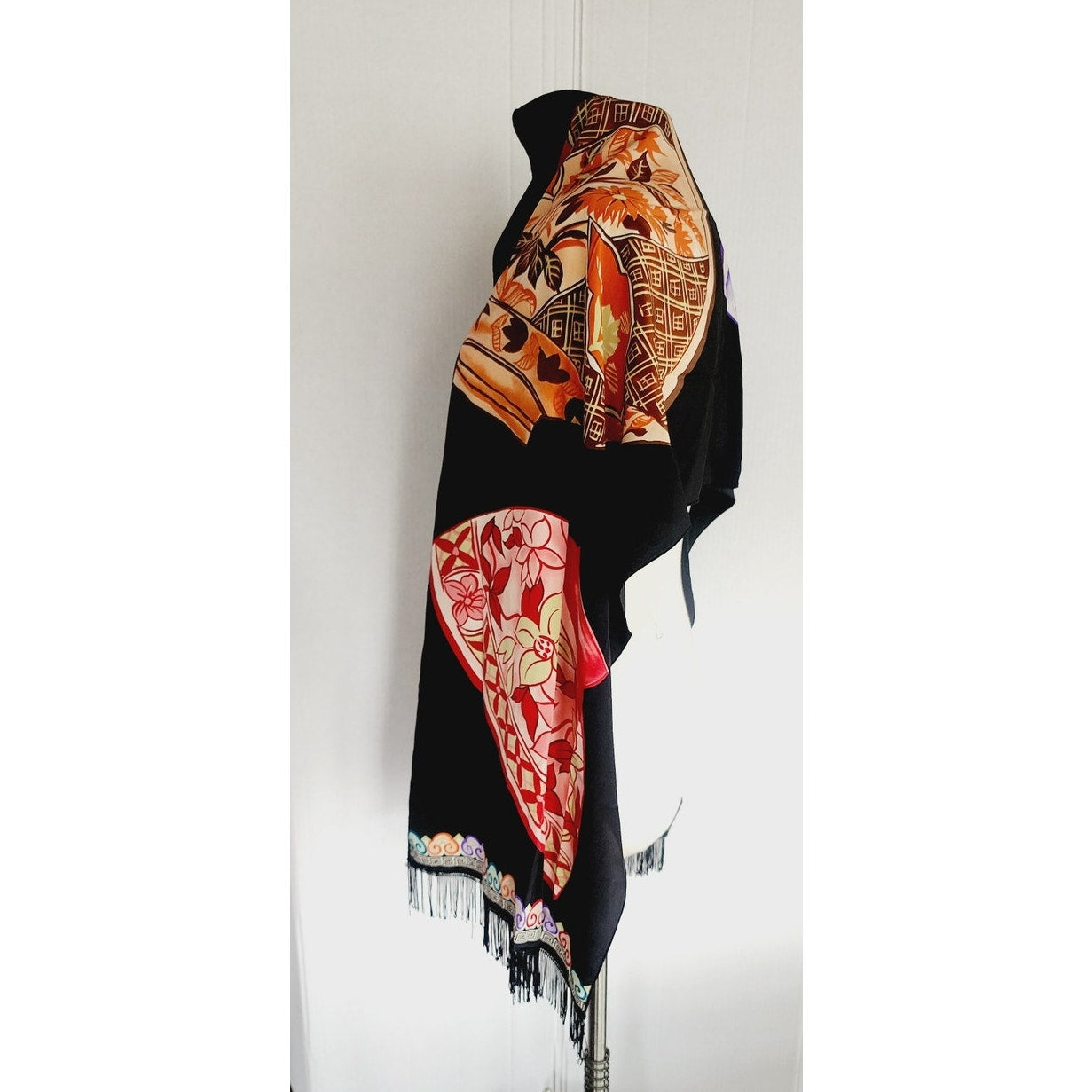 Vintage Diane Von Furstenberg Scarf Silk Shawl Japanese Ceramic Bowl Print