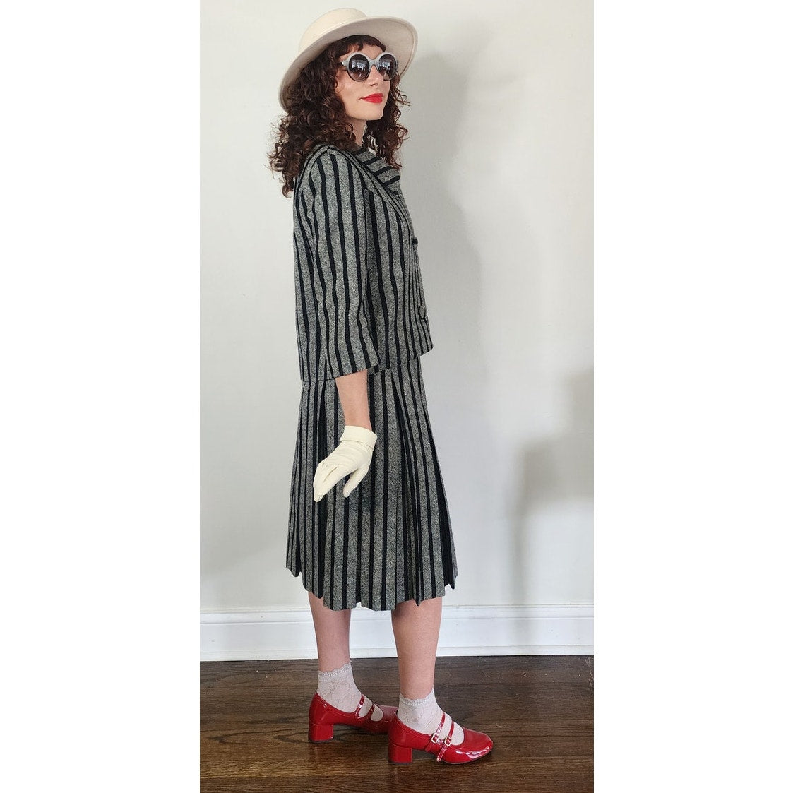 Vintage 1960s Sybil Connolly Skirt Suit Gray Black Striped Wool / Small