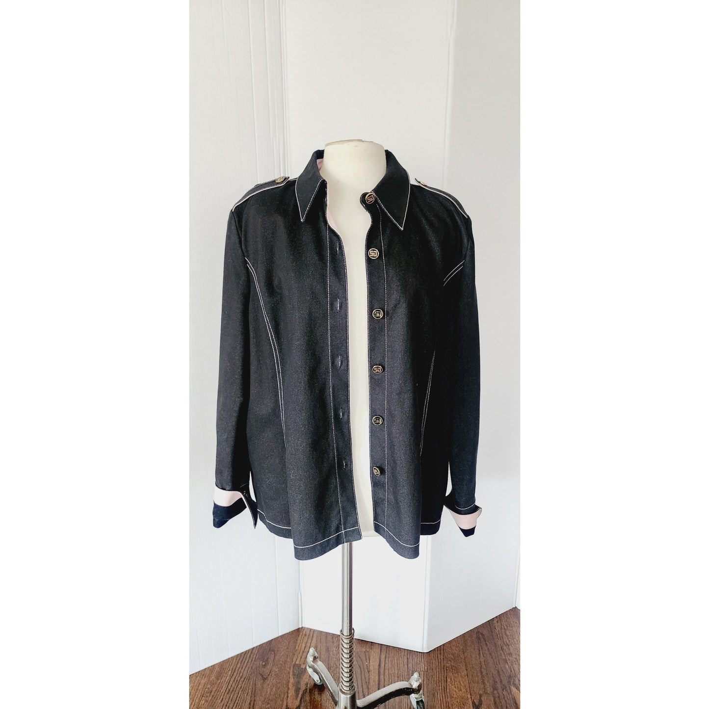 St John Sport Jacket Black Denim Button Down / Large