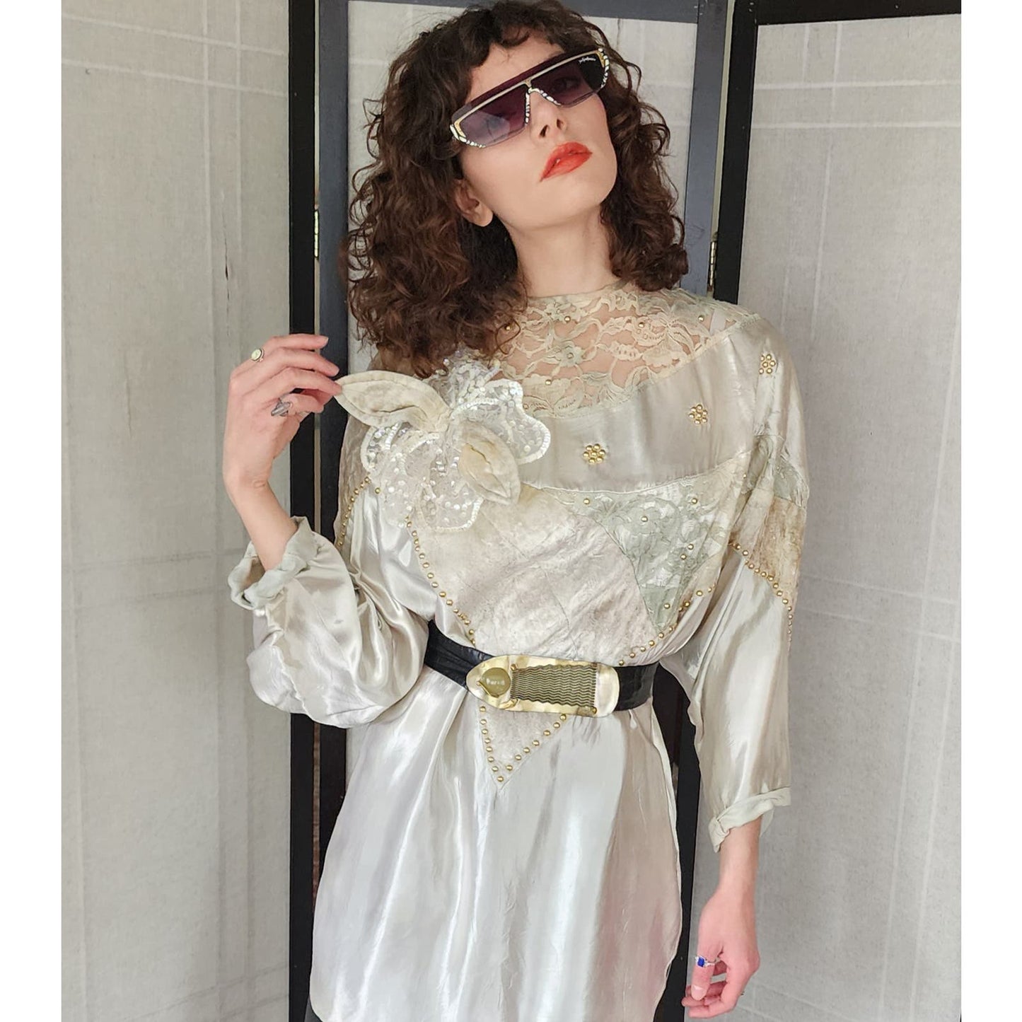 Vintage 80s Belt Artisinal Avant Garde Brass Buckle Signed