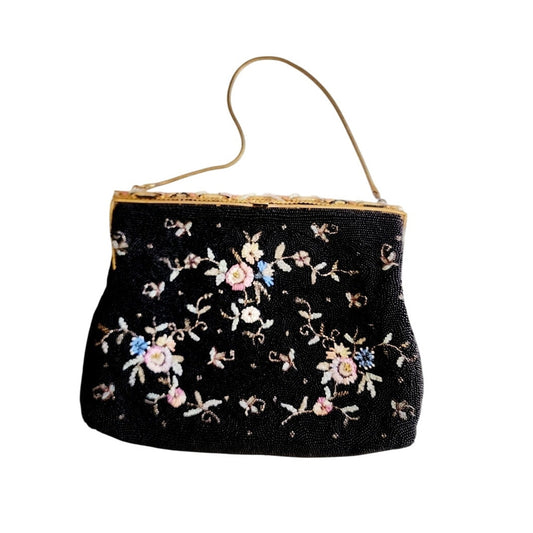 Vintage 1950s Beaded Hand Bag Black Floral Pattern Made in France