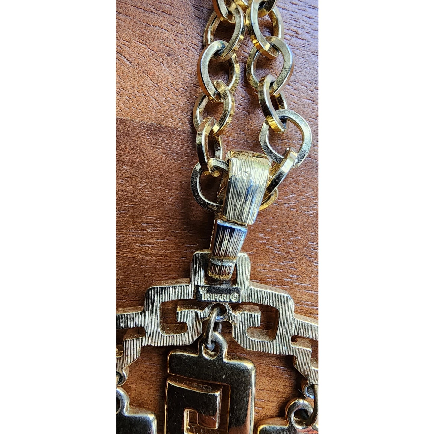 60s Crown Trifari Necklace Gold Pendant Greek Key Fringe