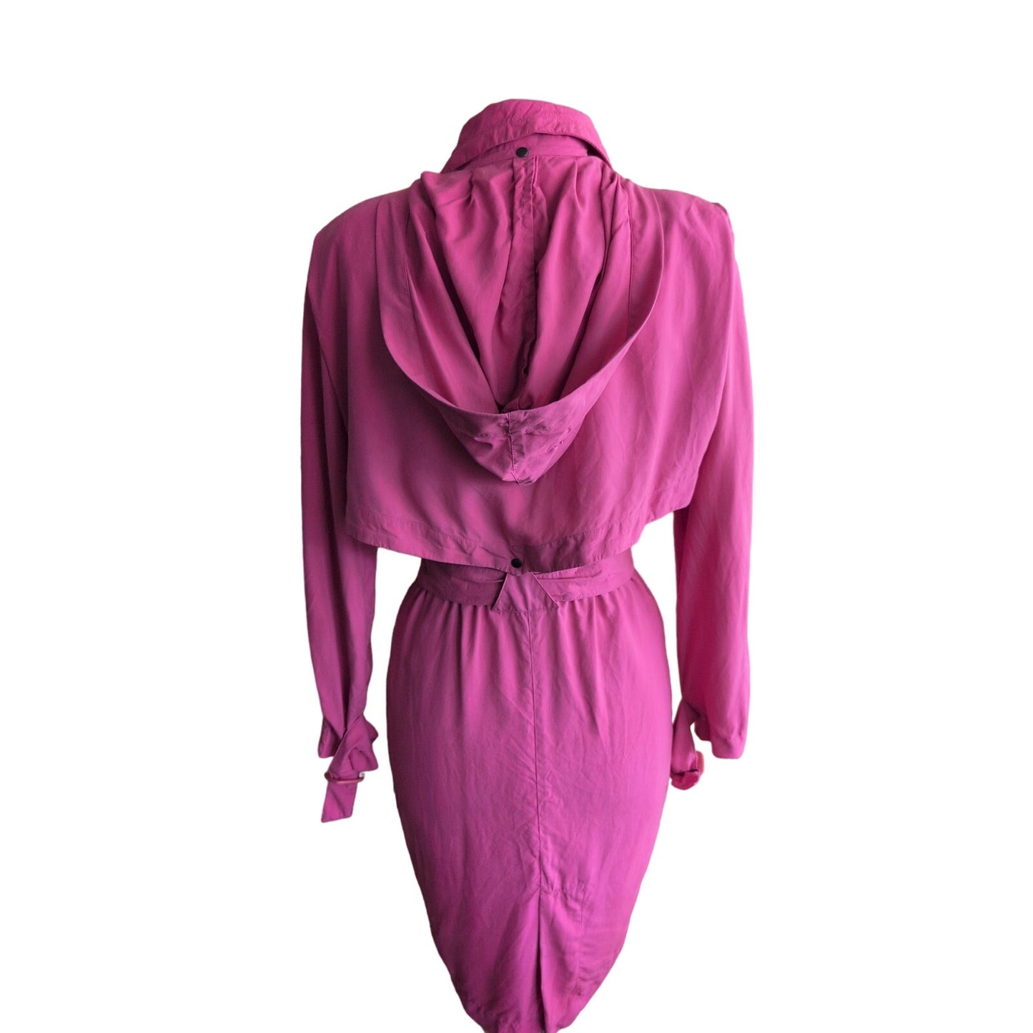 Vintage 80s Pink Silk Dress Long Sleeves Belt & Hood / S