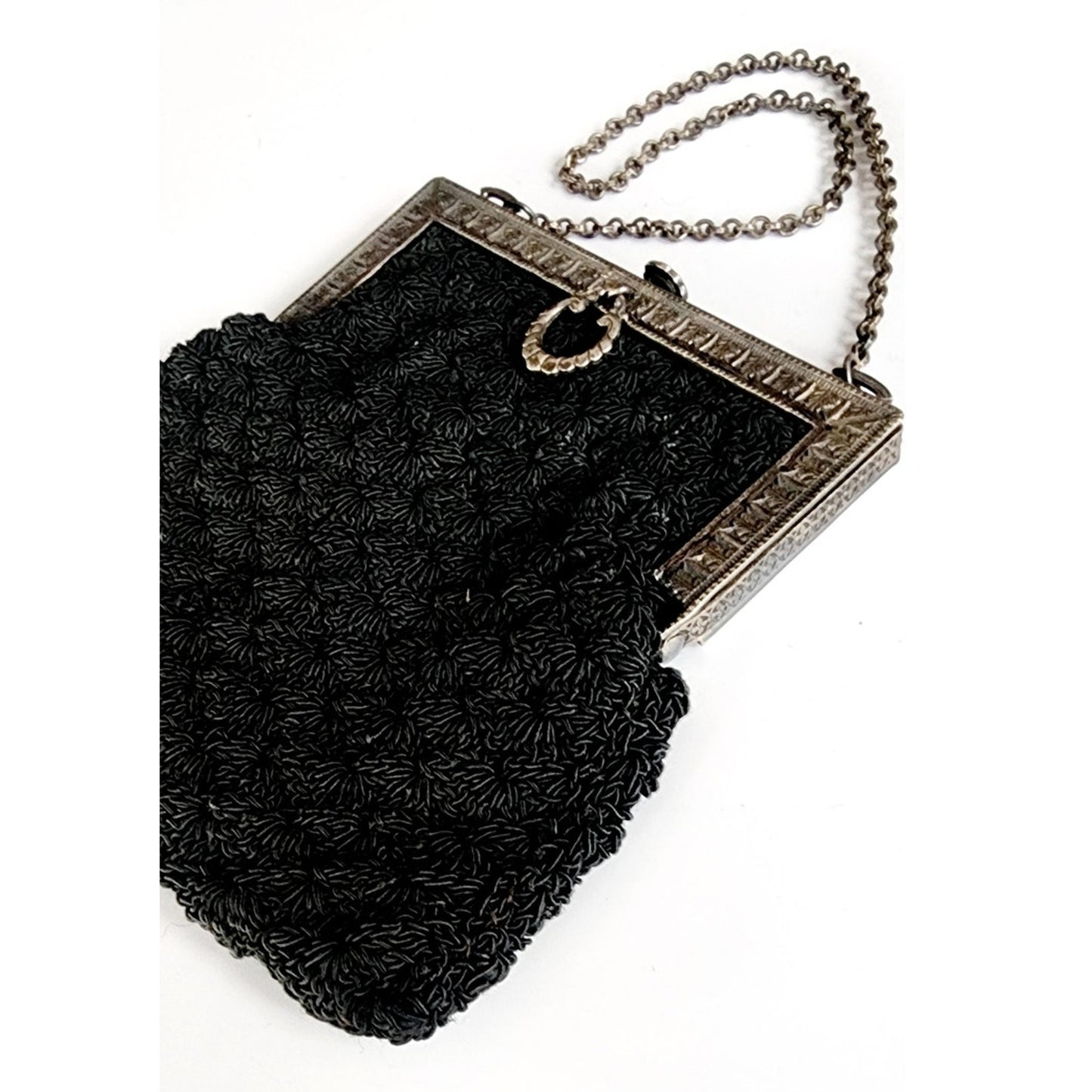 Antique Black Crochet Bag Silver Metal Etched Frame Edwardian 1910s Purse