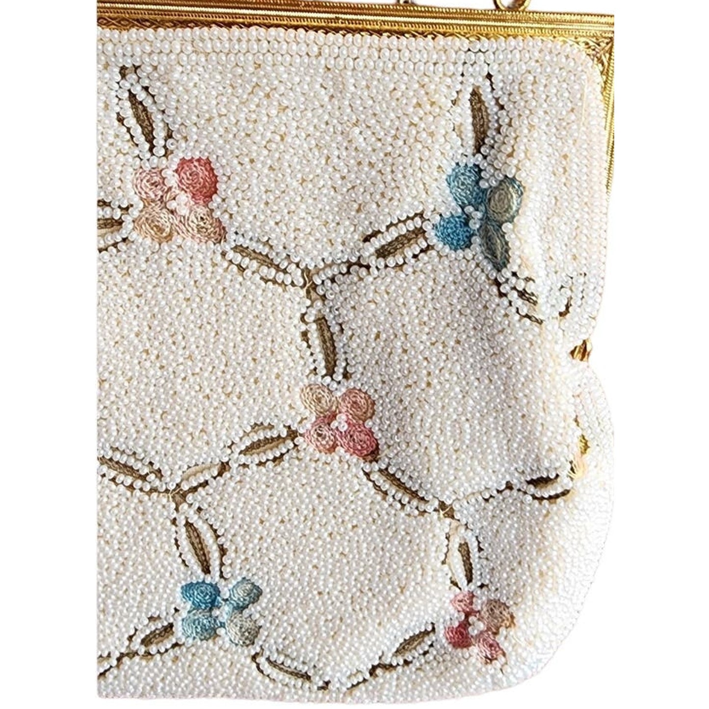 Vintage 50s Evening Bag White Beads Floral Embroidery Walborg