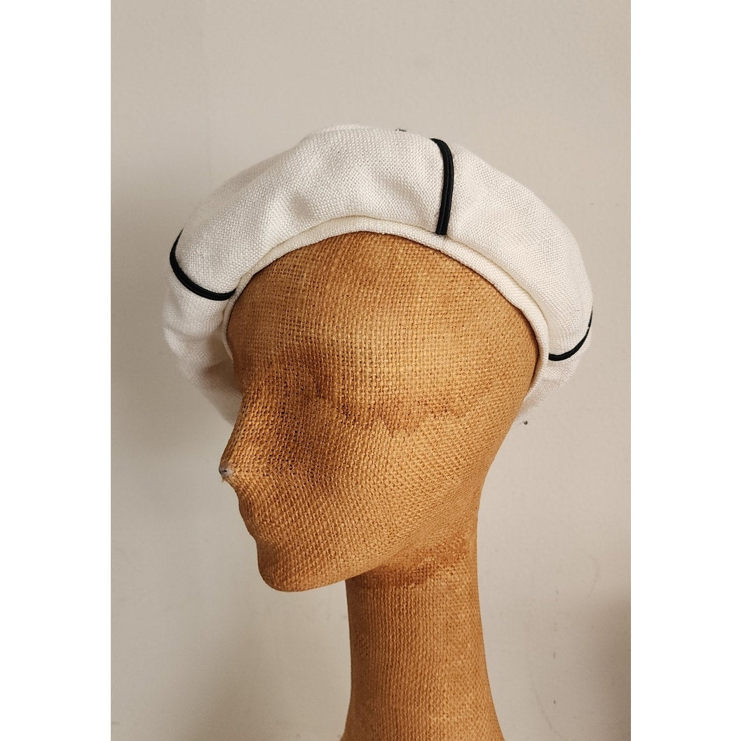 Vintage 60s White Tam Hat Black Seams