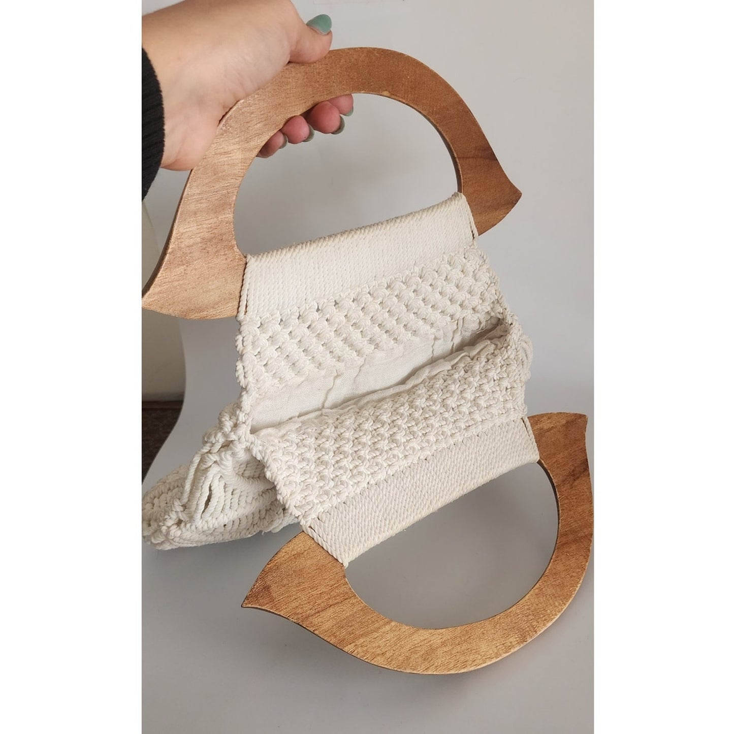Vintage 70s Macrame Hand Bag Cream White Crochet Purse Wood Handle