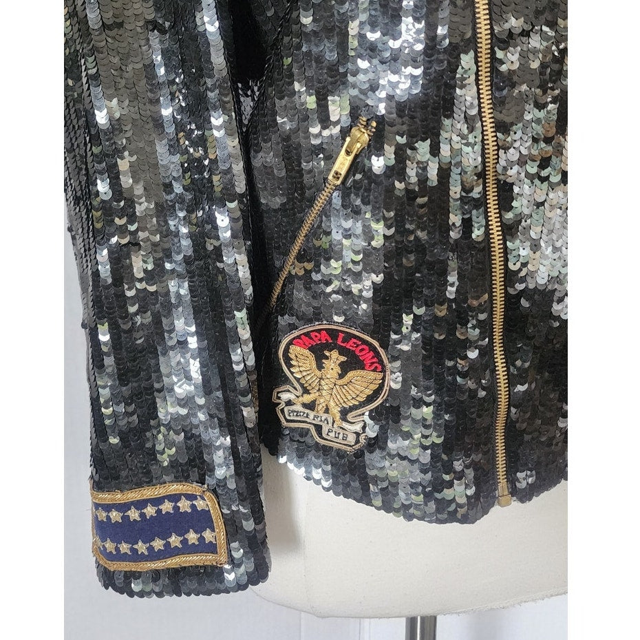 Vintage 80s Bomber Jacket Black Sequins Gold Eagle Motorcycle Patches Neiman Marcus / L