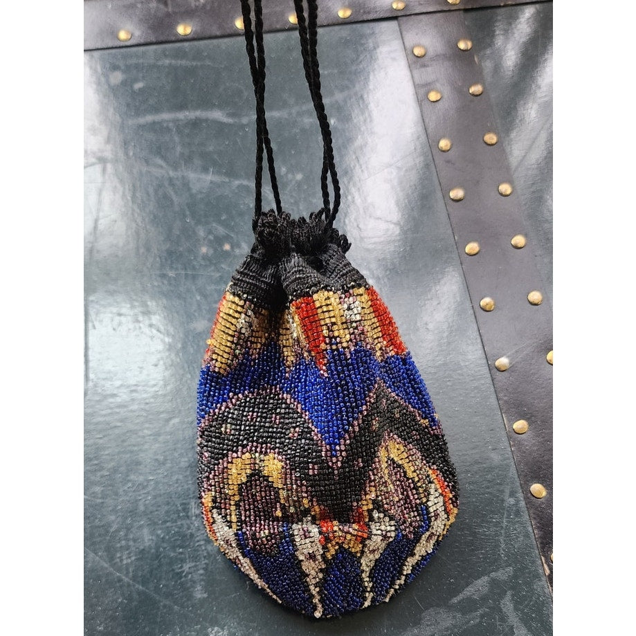 Antique Beaded Bag Vintage Art Deco Purse Drawstring 1920s Reticule