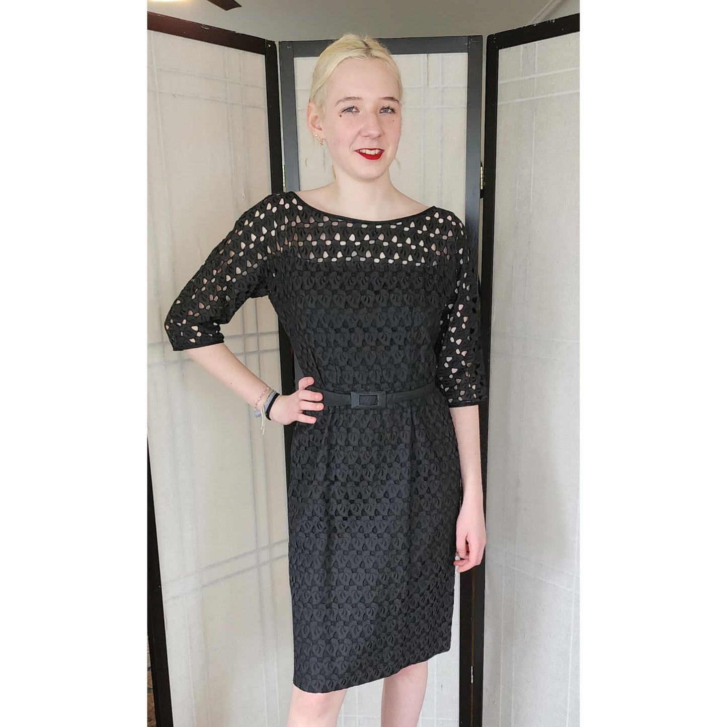 Vintage 50s Black Cocktail Dress Cut Lace Keyhole Back / M