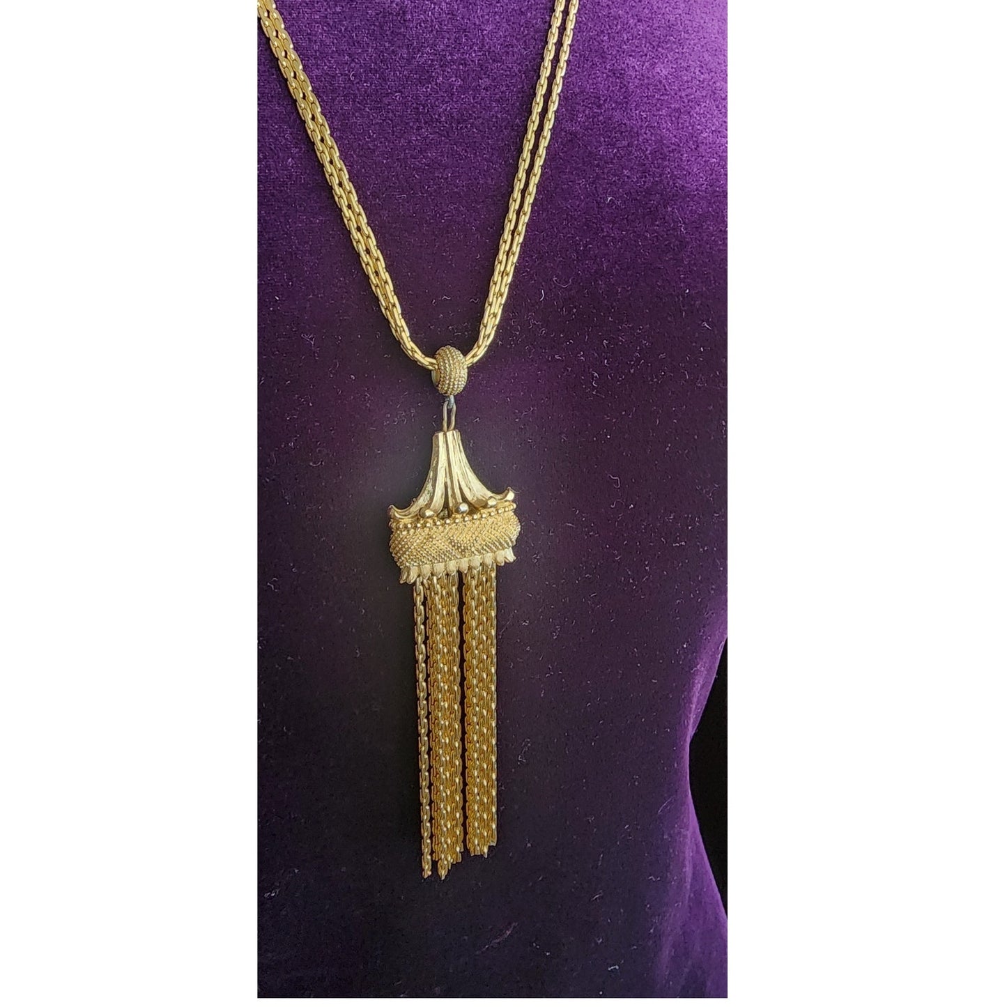 Vintage 70s Monet Traviata Pendant Necklace Gold Fringe Pagoda