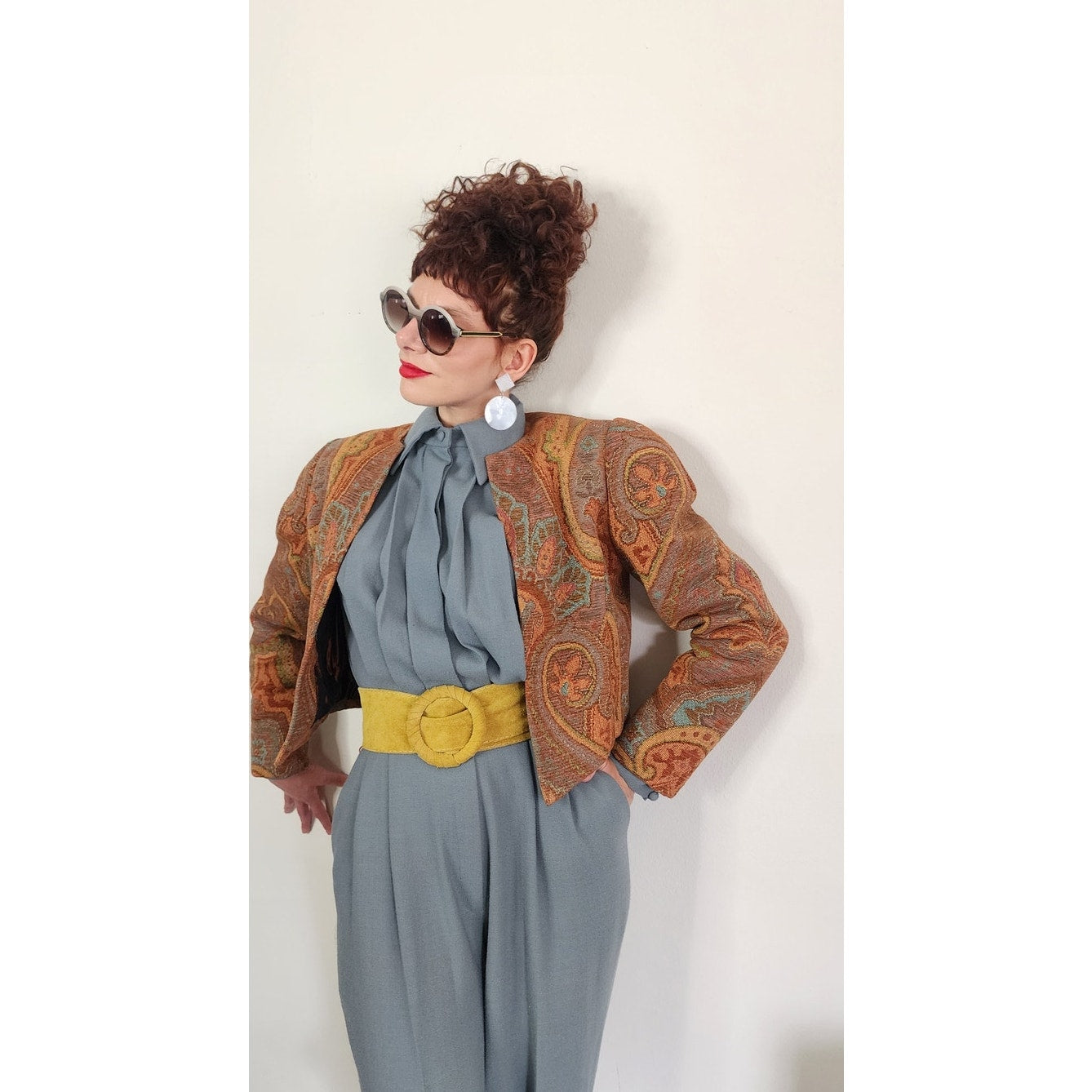 Vintage 1980s Bob Mackie Jumpsuit + Tapestry Jacket Set / M - L