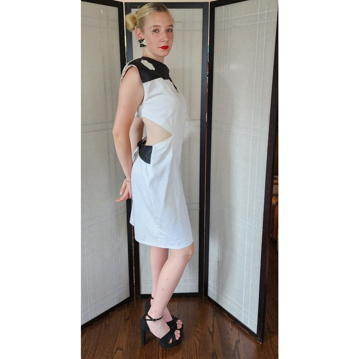Vintage 80s Dress White Cotton Black Leather w/Cut Outs & Open Back
