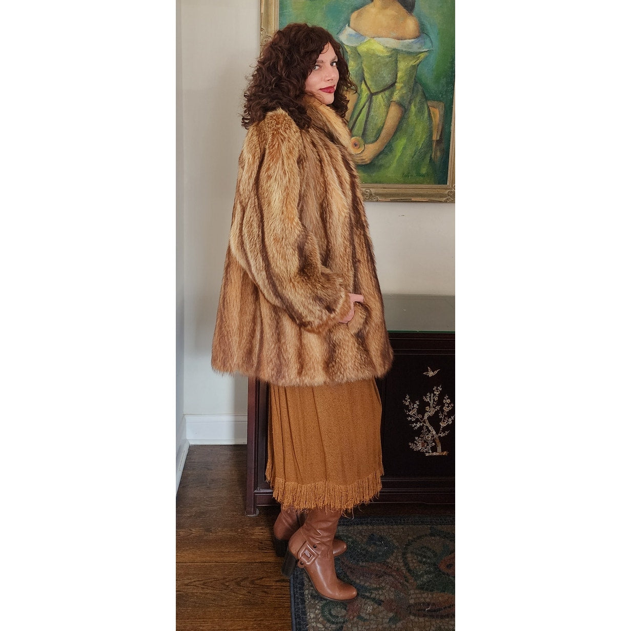 Vintage 70s Fox Fur Coat Hip Length Stripe Pattern / L