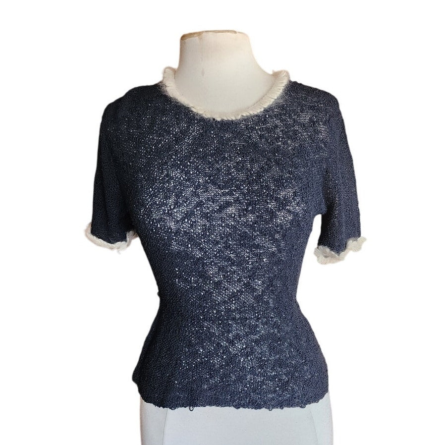 Vintage 50s Knit Top Navy Blue w/ Cream Crochet Trim Scotch Wool Shop / S