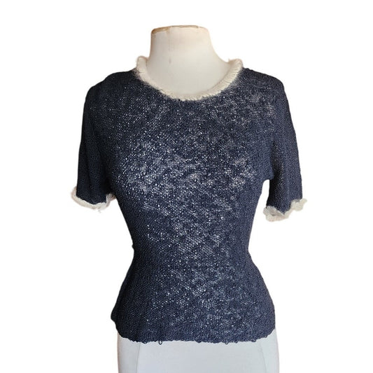 Vintage 50s Knit Top Navy Blue w/ Cream Crochet Trim Scotch Wool Shop / S