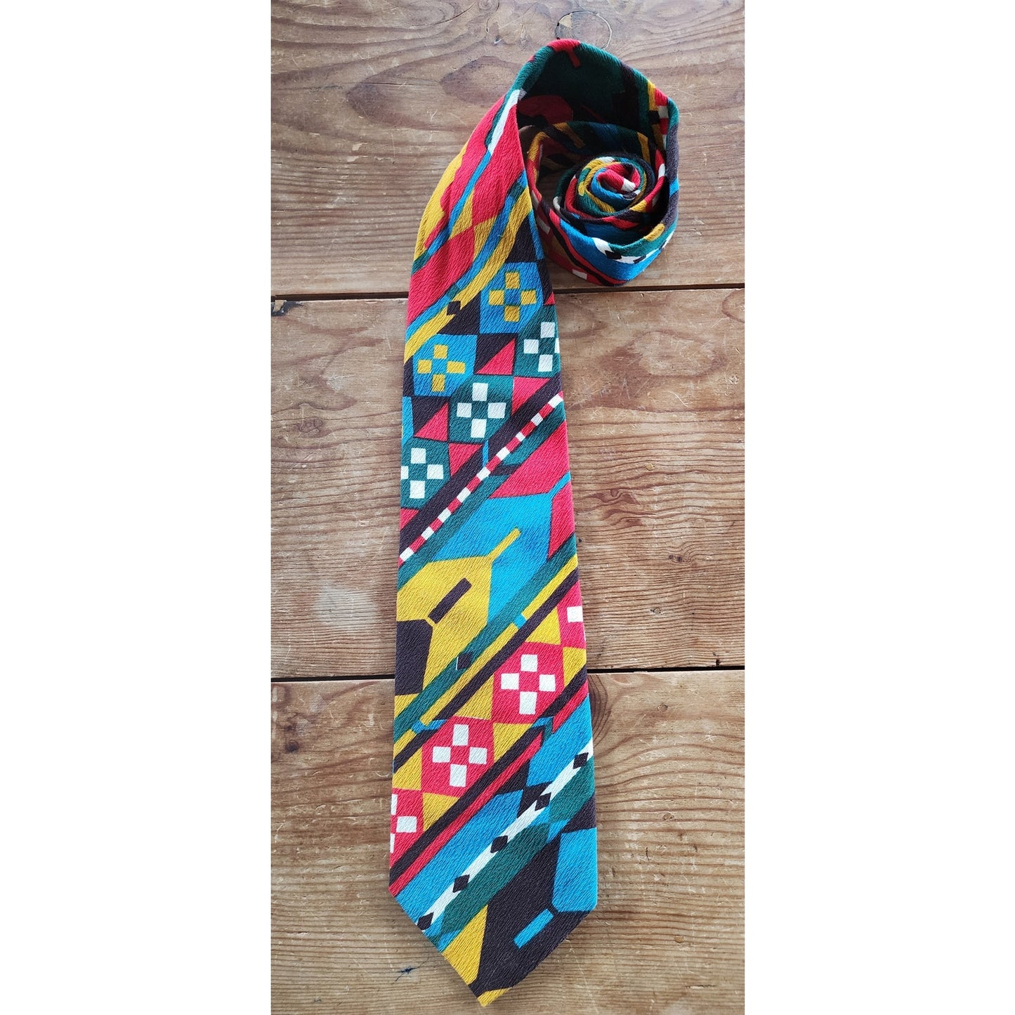Vintage 60s Mens Tie Colorful Barkcloth MCM Print Geometric