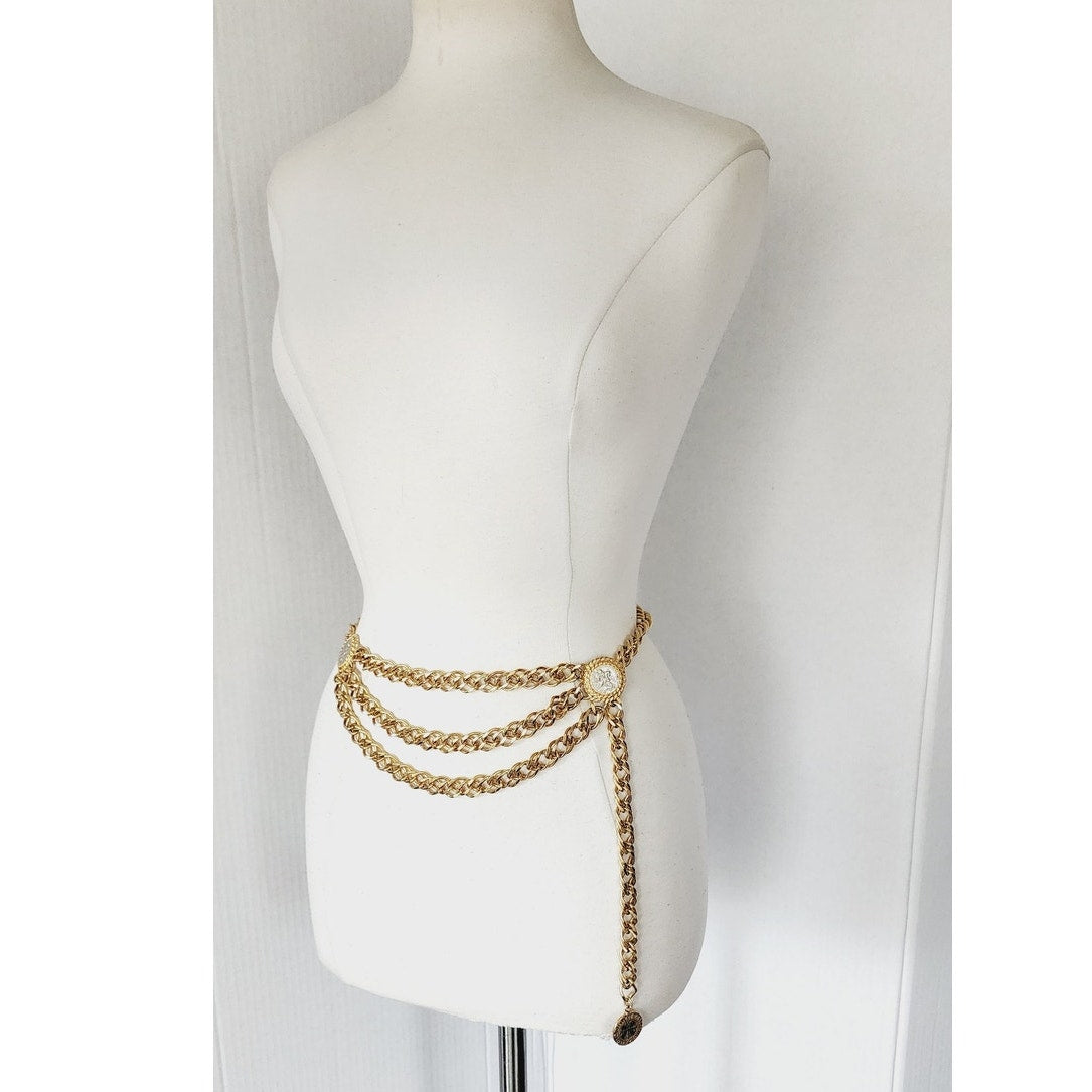 Vintage 90s Coin Belt Gold Chain Bellydancer St George & Silver Cross