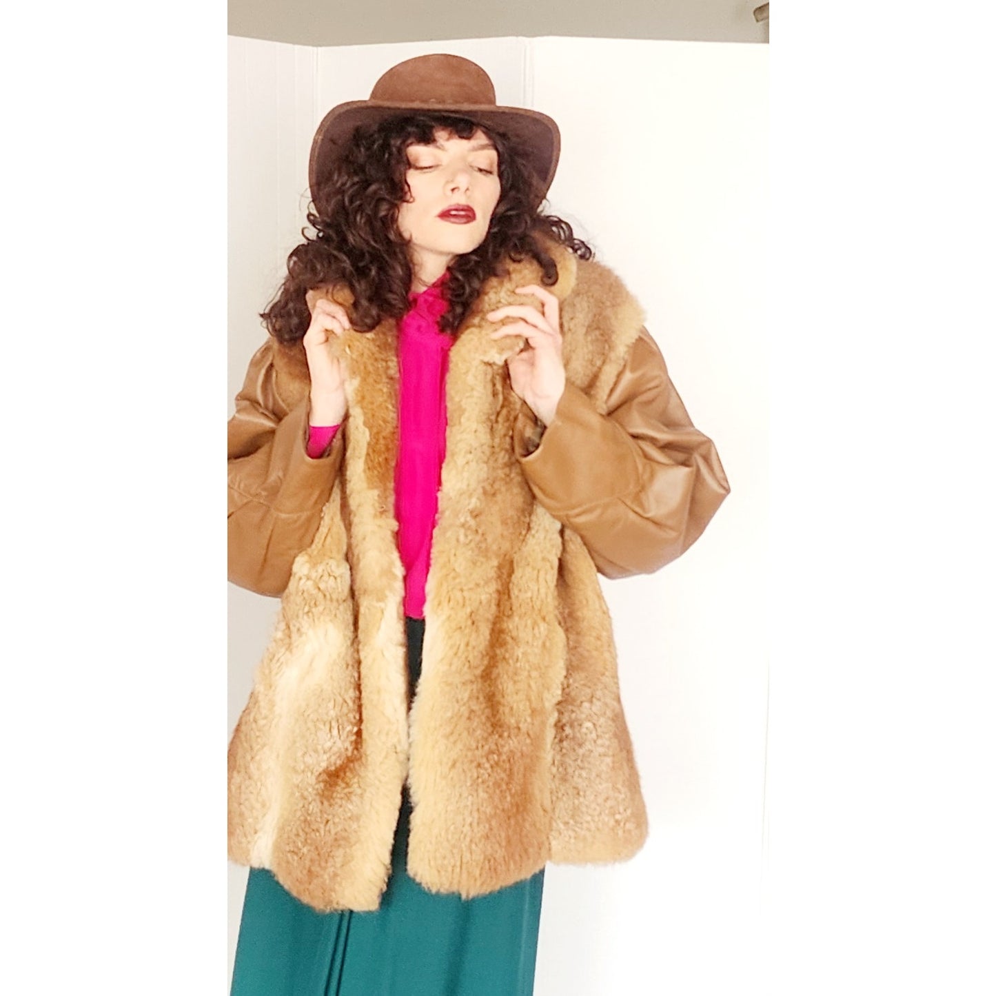 1970s Brown Leather Jacket w/Possum Fur Boho / Large
