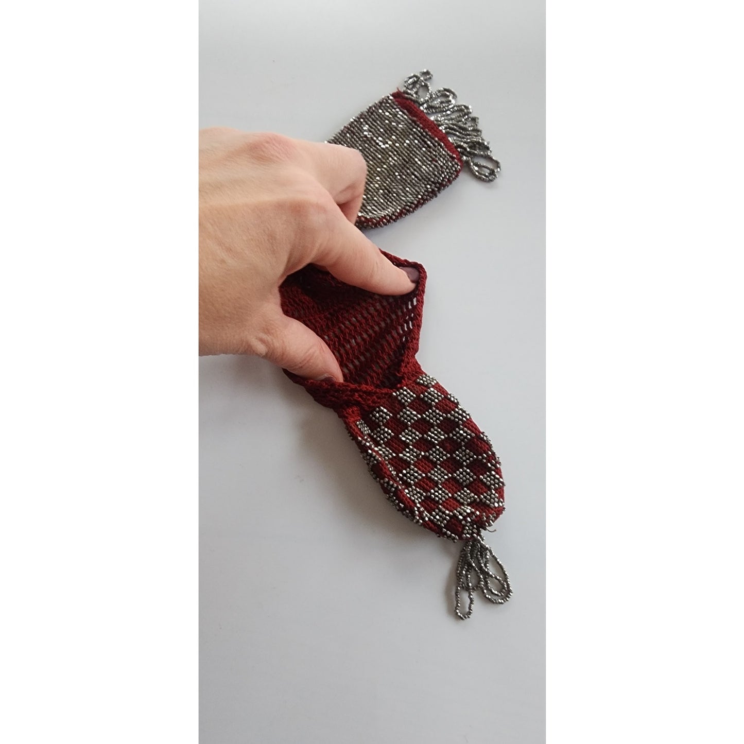 Antique Victorian Hand Bag Beaded Miser's Purse Burgundy Red Steel Beads Crochet