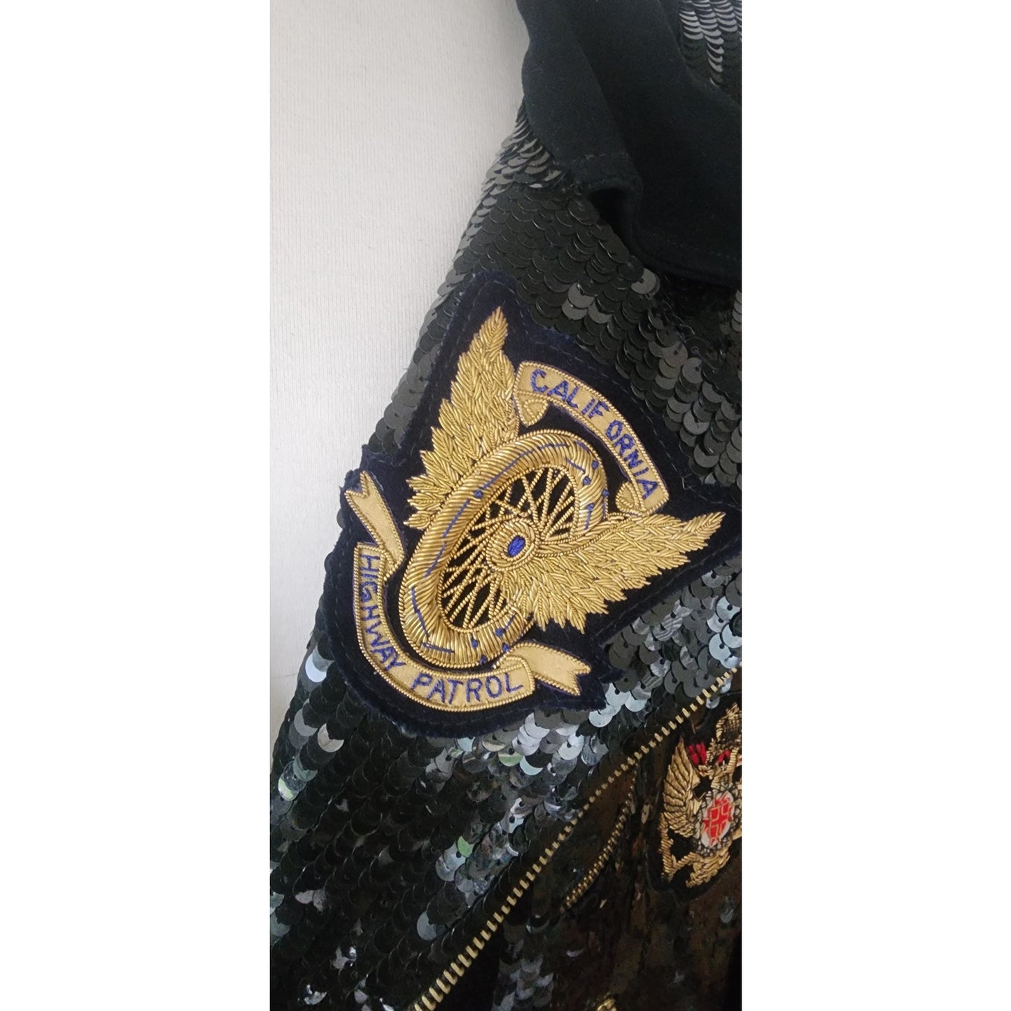 Vintage 80s Bomber Jacket Black Sequins Gold Eagle Motorcycle Patches Neiman Marcus / L