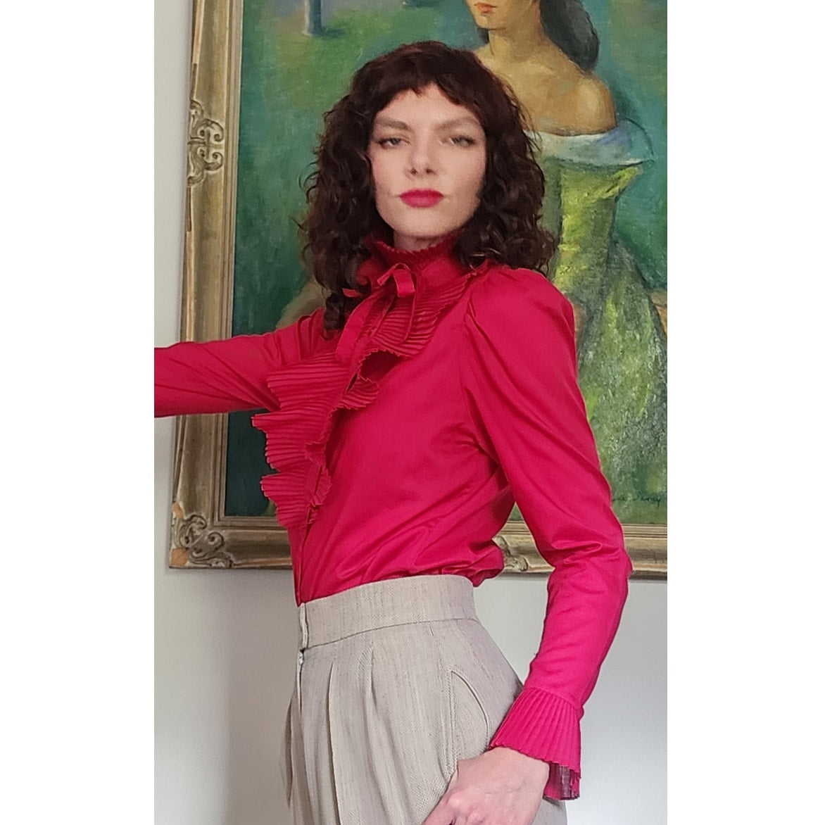 Vintage 80s Fuschia Blouse Ruffled Front Shirt 1 Park Ave