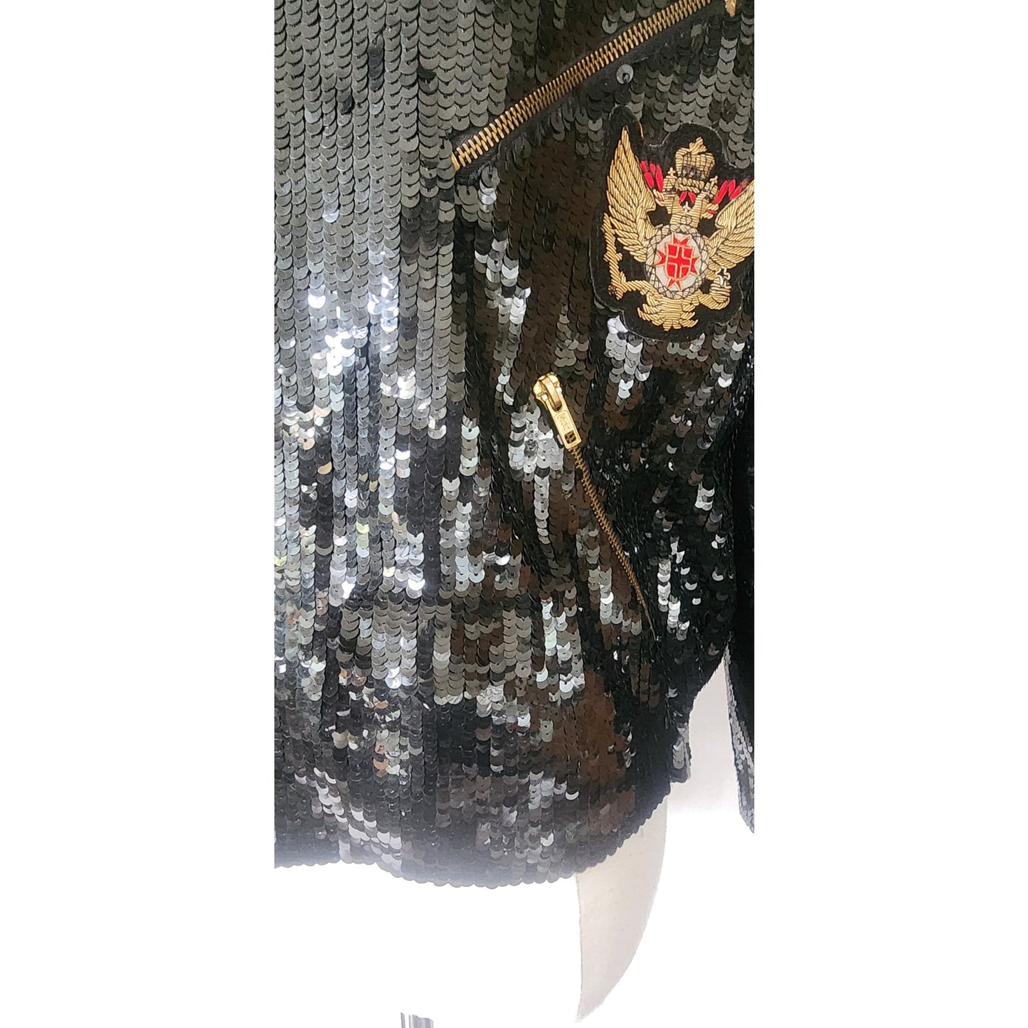 Vintage 80s Bomber Jacket Black Sequins Gold Eagle Motorcycle Patches Neiman Marcus / L
