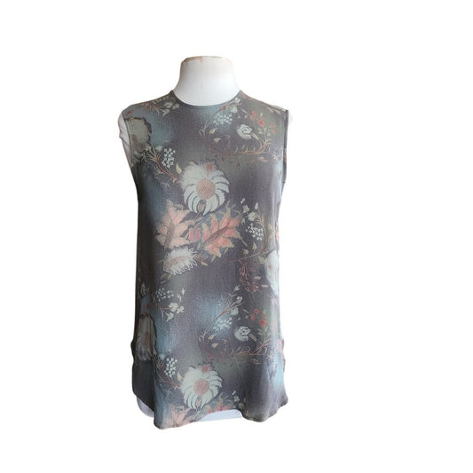 Vintage 90s Armani Black Label Blouse Gray Floral Silk Print Shell Top / M