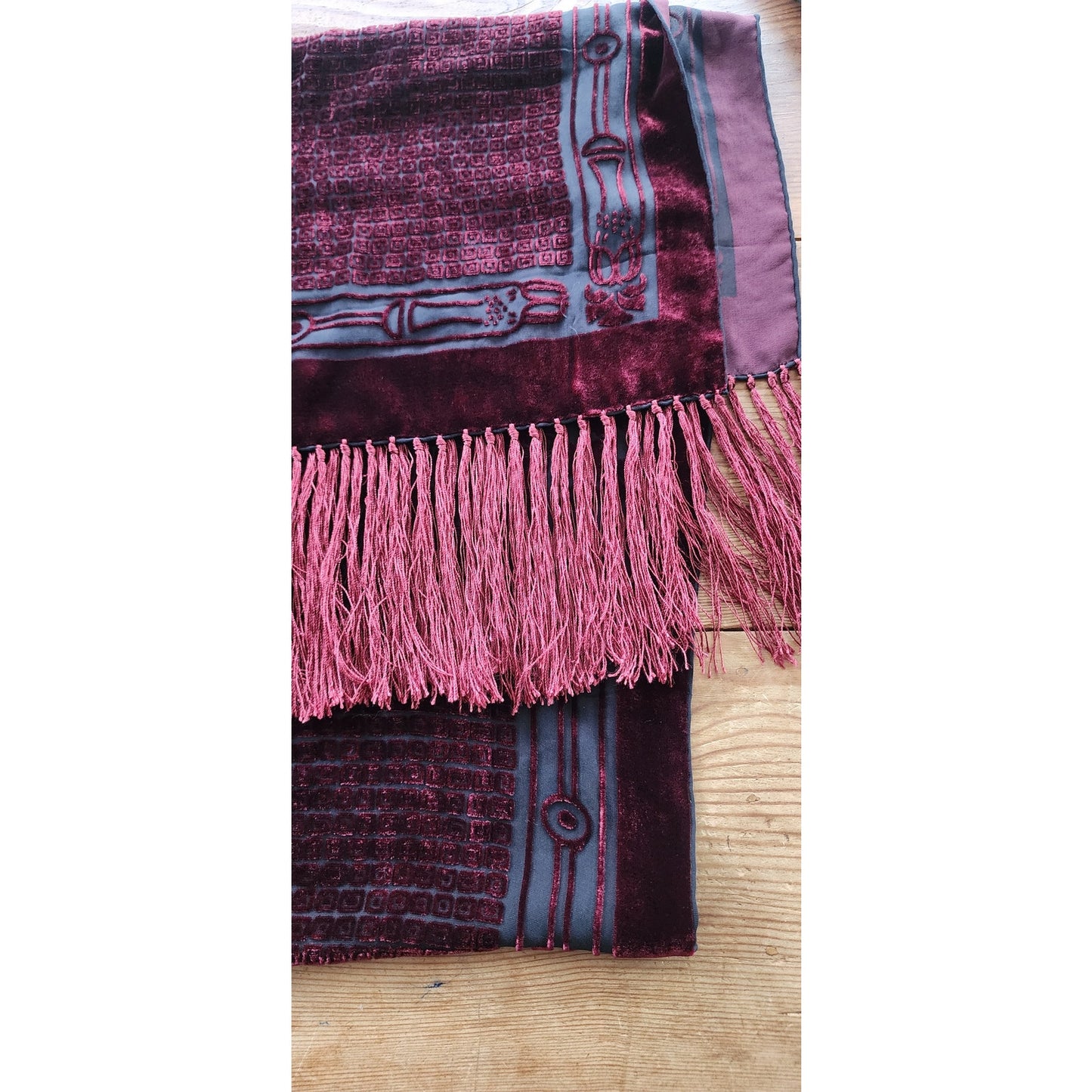 Vintage 90s Burnout Velvet Scarf Burgundy Red Velvet Fringed
